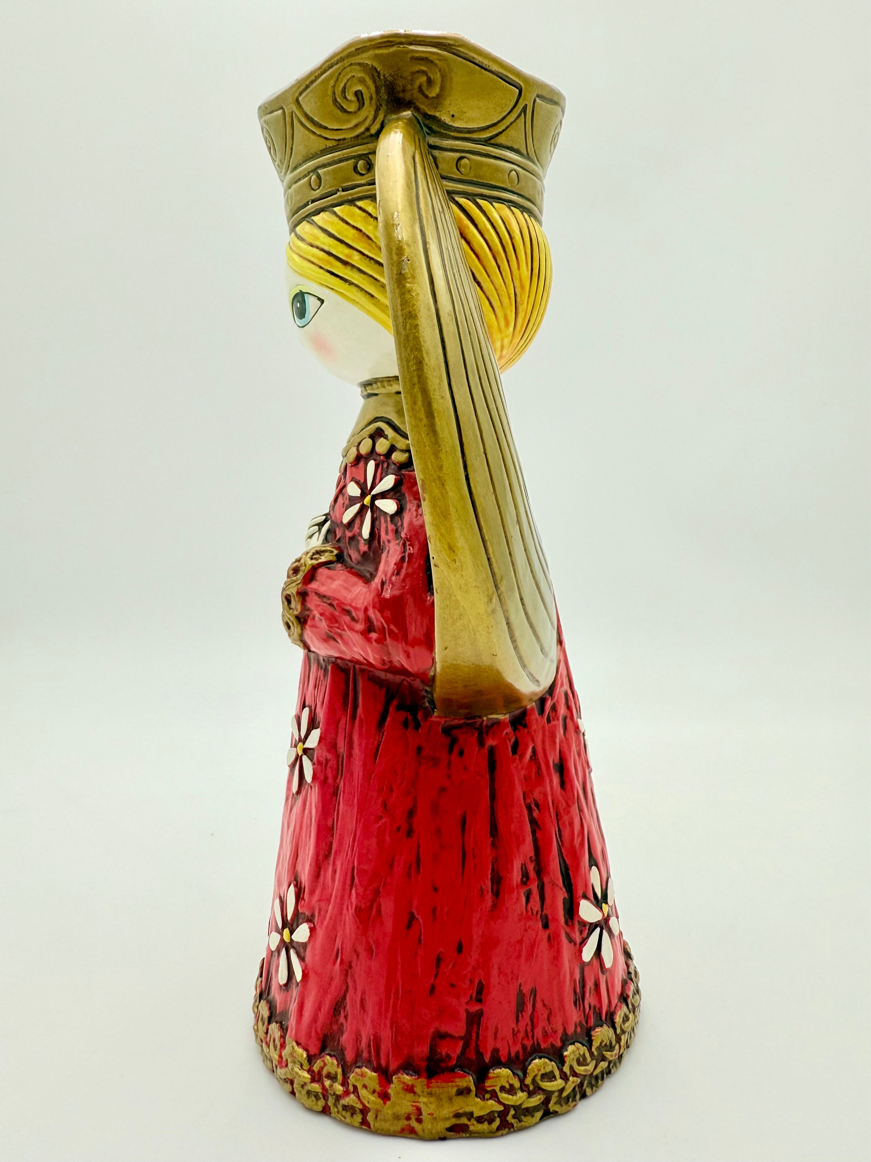 VINTAGE MID CENTURY ANGEL FIGURINE RED GOLD WINGS 10 INCH BIG EYE ANGEL STATUE