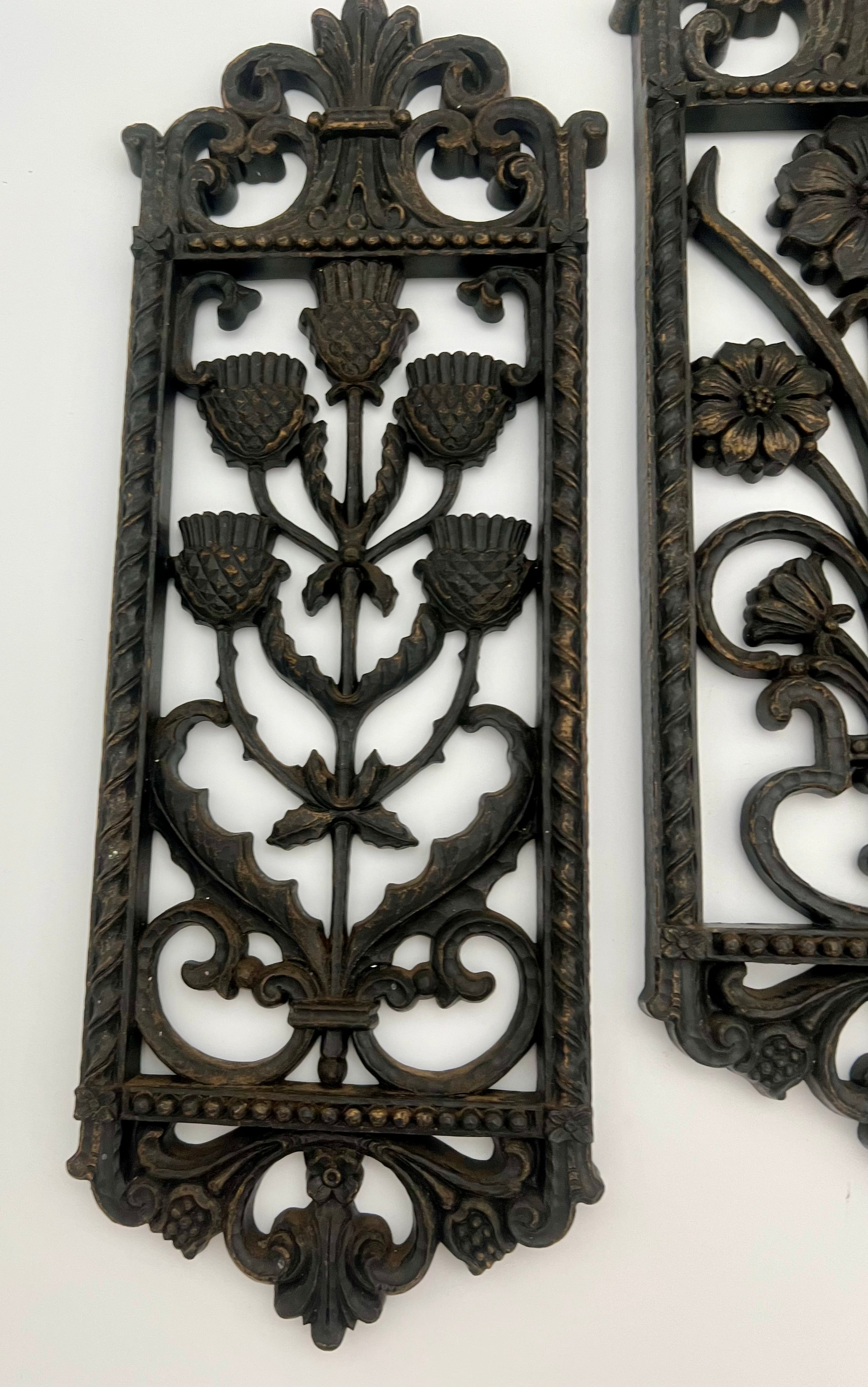 SET OF 4 BURWOOD 1960s–70s FLORAL WALL PLAQUES – GOTHIC REVIVAL PANELS – 16” TALL