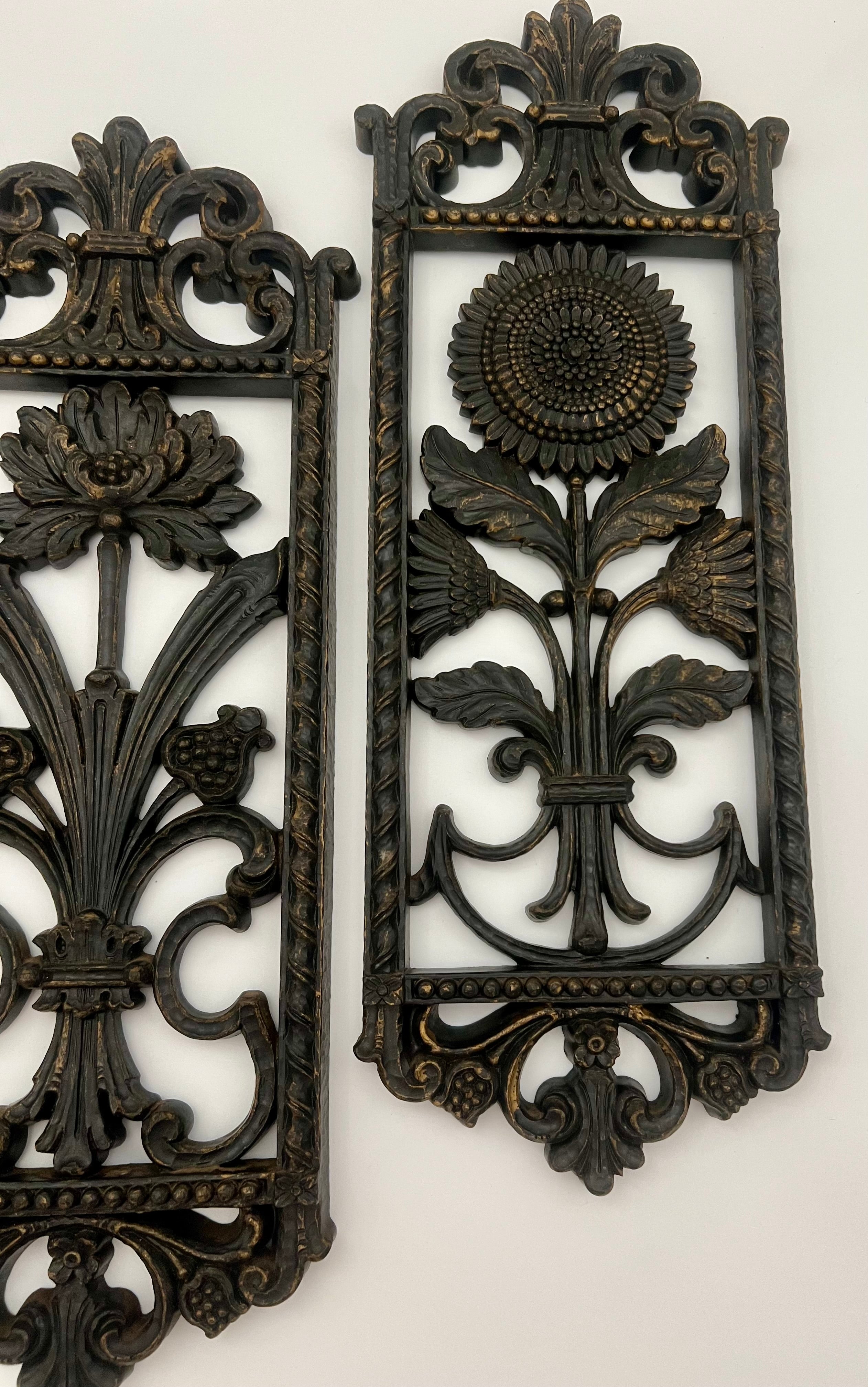 SET OF 4 BURWOOD 1960s–70s FLORAL WALL PLAQUES – GOTHIC REVIVAL PANELS – 16” TALL