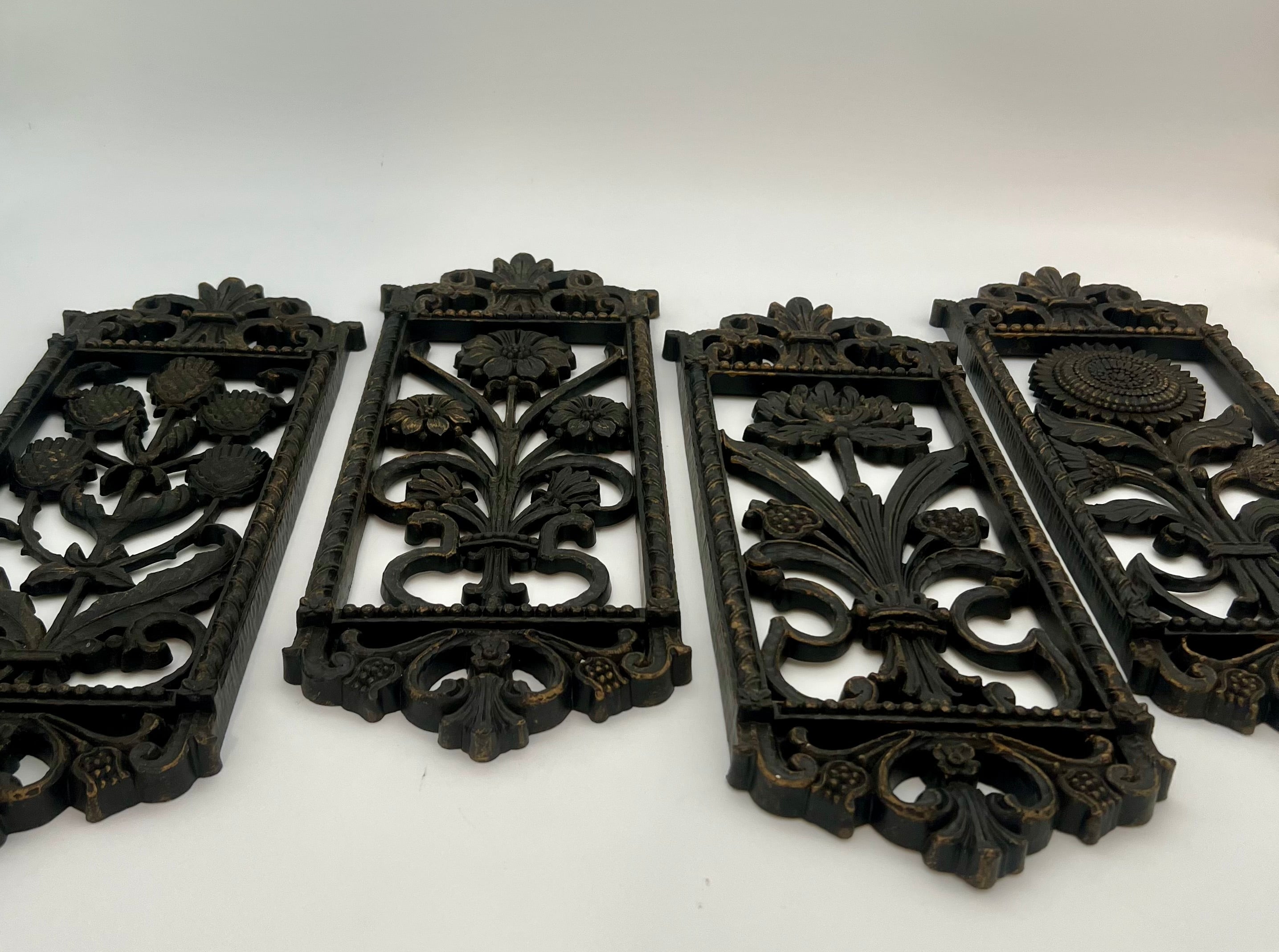 SET OF 4 BURWOOD 1960s–70s FLORAL WALL PLAQUES – GOTHIC REVIVAL PANELS – 16” TALL