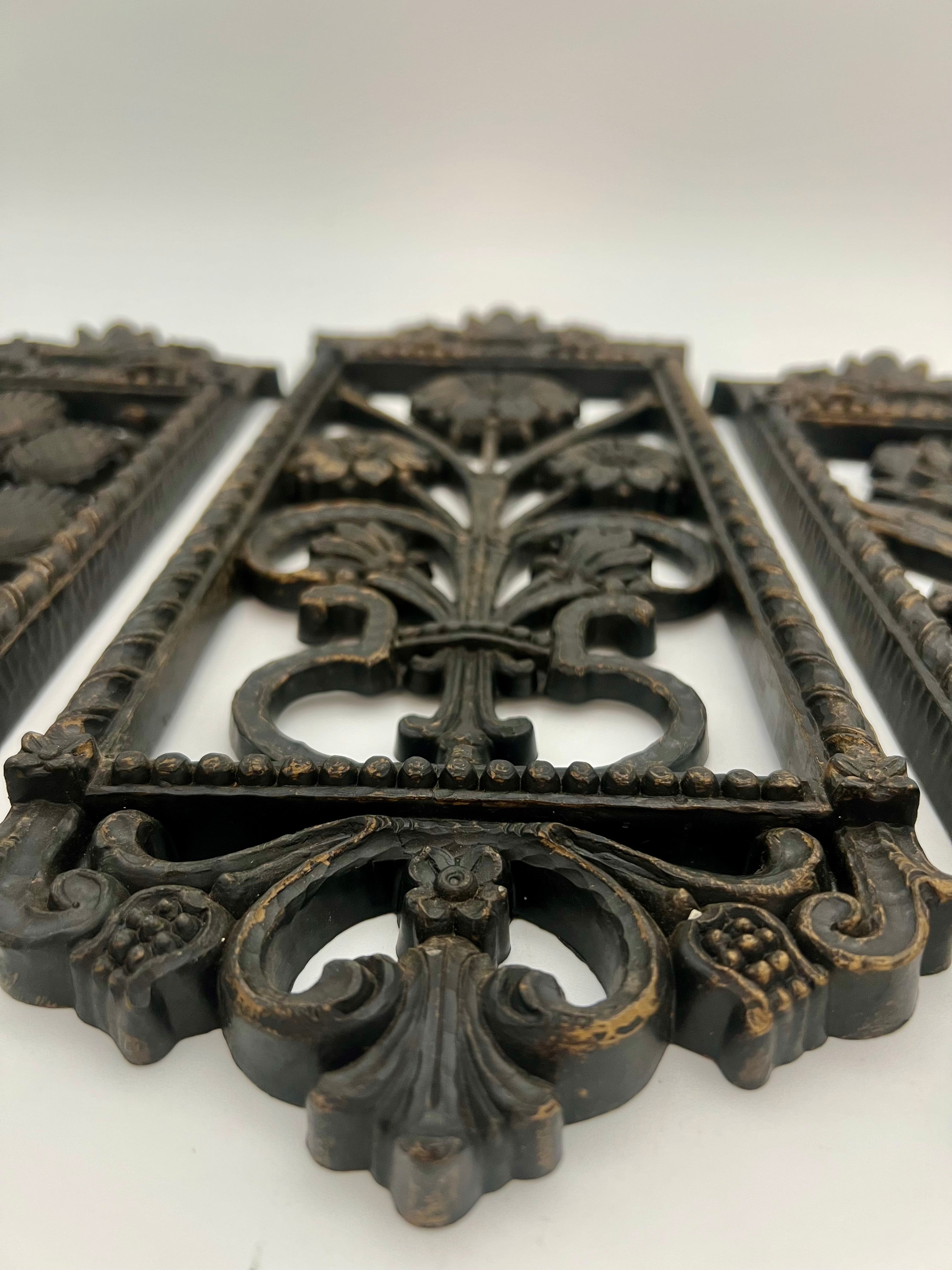 SET OF 4 BURWOOD 1960s–70s FLORAL WALL PLAQUES – GOTHIC REVIVAL PANELS – 16” TALL