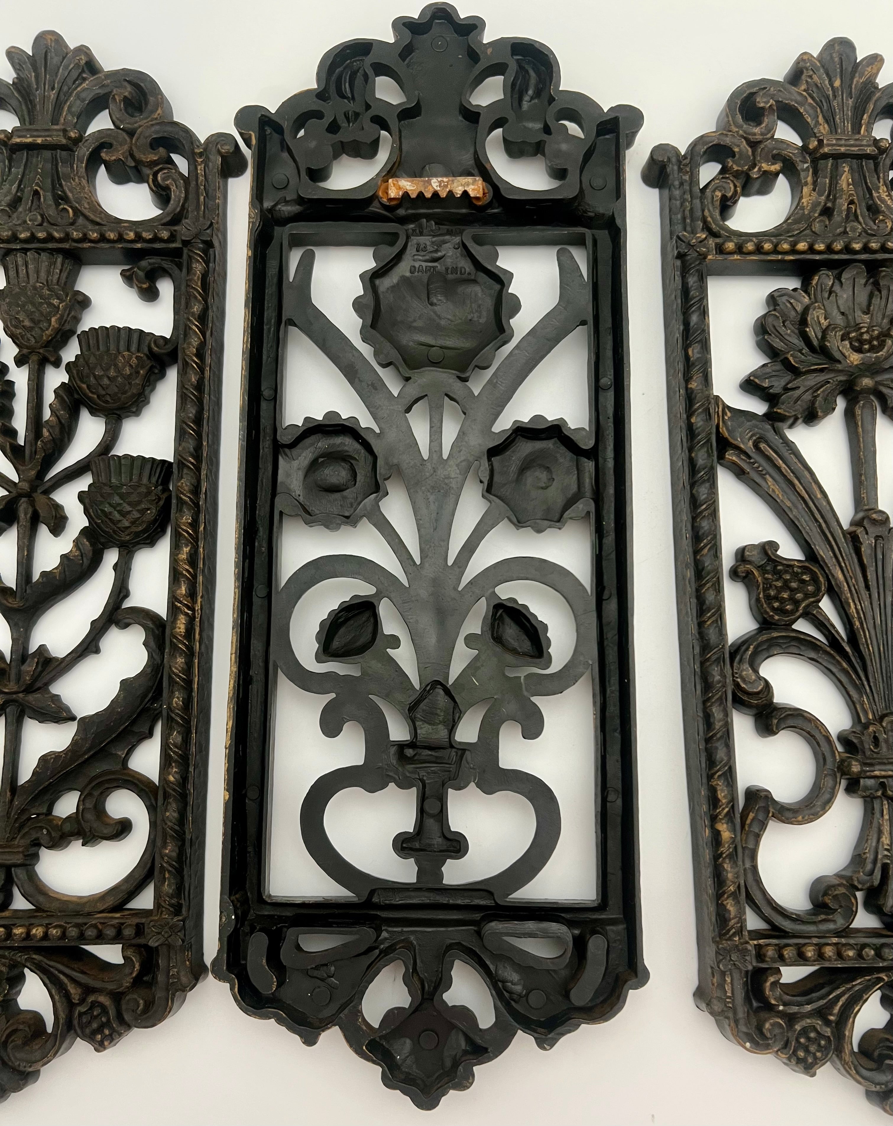 SET OF 4 BURWOOD 1960s–70s FLORAL WALL PLAQUES – GOTHIC REVIVAL PANELS – 16” TALL