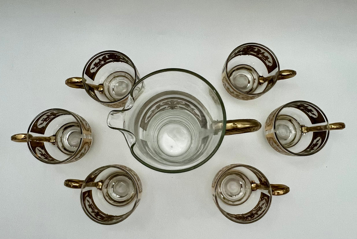 VINTAGE CULVER RENAISSANCE BRASS MOUNTED PITCHER SET 22K GOLD SCROLL MID CENTURY HOLLYWOOD REGENCY