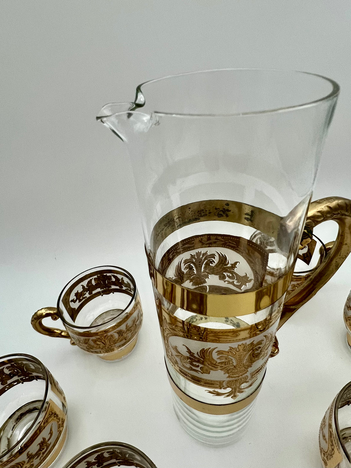 VINTAGE CULVER RENAISSANCE BRASS MOUNTED PITCHER SET 22K GOLD SCROLL MID CENTURY HOLLYWOOD REGENCY