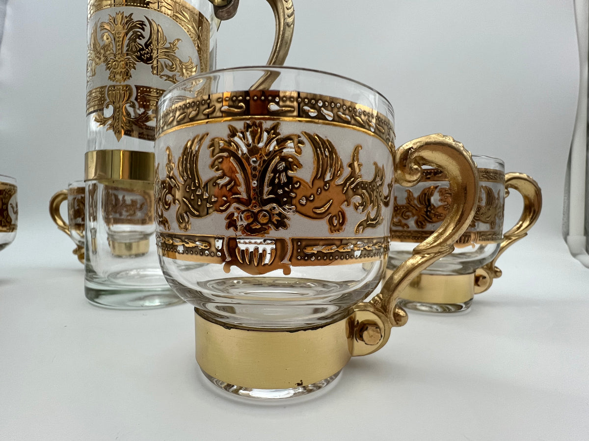VINTAGE CULVER RENAISSANCE BRASS MOUNTED PITCHER SET 22K GOLD SCROLL MID CENTURY HOLLYWOOD REGENCY