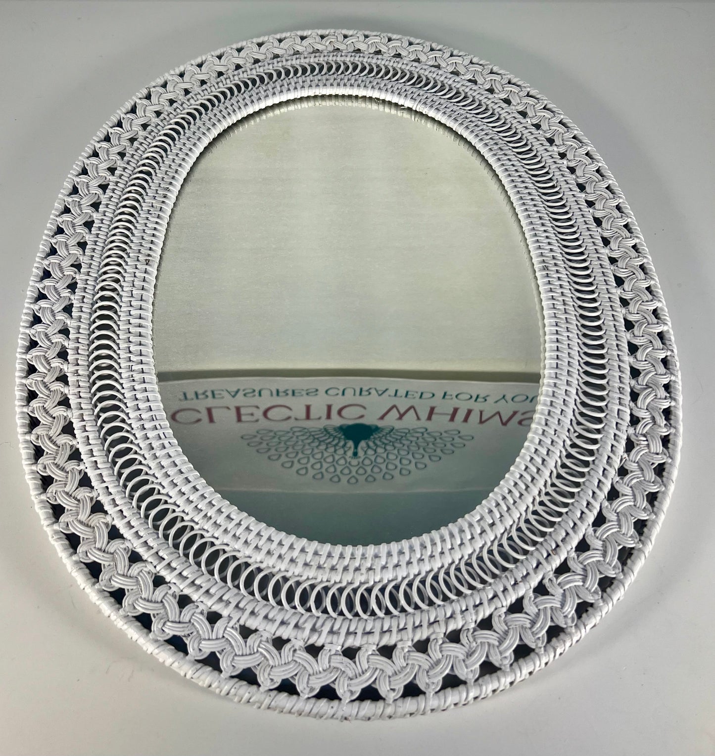 VINTAGE BOHO WHITE WICKER OVAL MIRROR