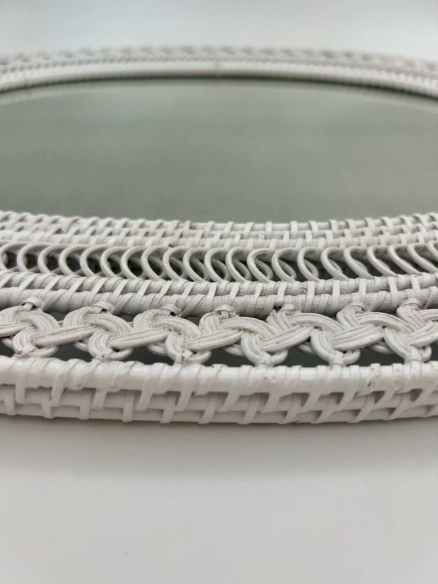 VINTAGE BOHO WHITE WICKER OVAL MIRROR