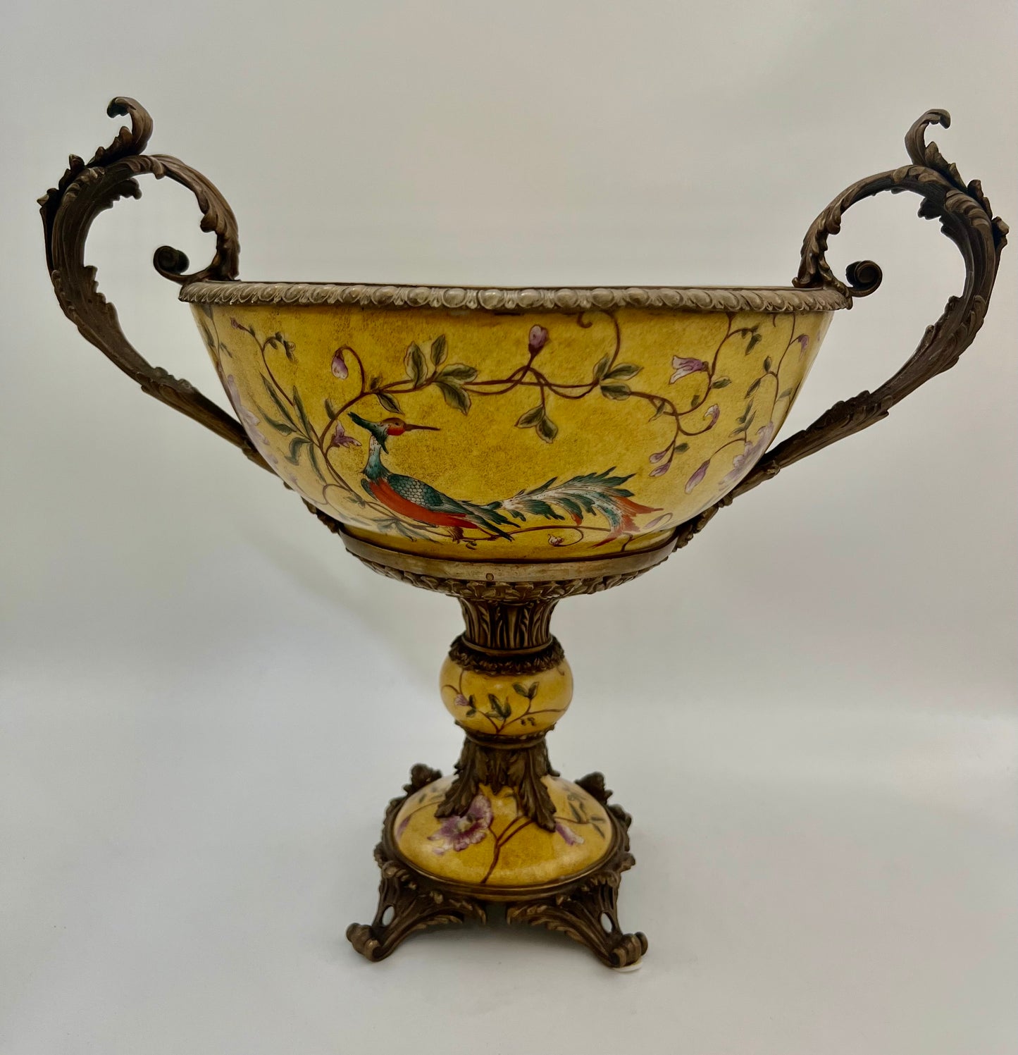 LUXURY MARK ROBERTS HAND-PAINTED PORCELAIN & BRONZE CENTERPIECE – 15.5″ TALL, HEAVY 11 LB DECORATIVE STATEMENT BOWL – FREE SHIPPING