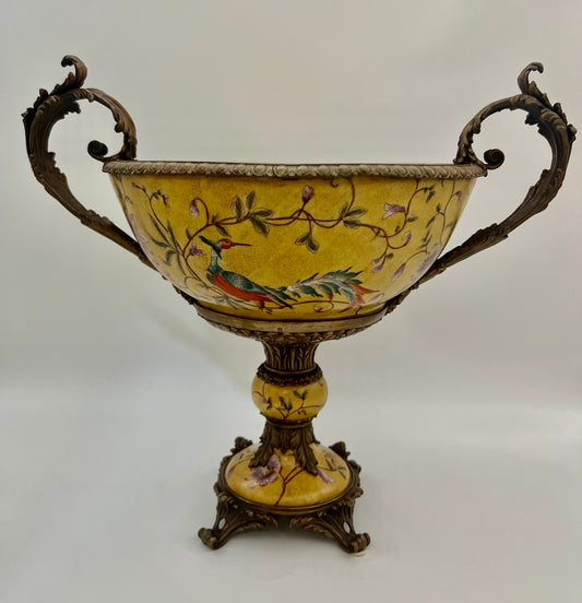 LUXURY MARK ROBERTS HAND-PAINTED PORCELAIN & BRONZE CENTERPIECE – 15.5″ TALL, HEAVY 11 LB DECORATIVE STATEMENT BOWL – FREE SHIPPING