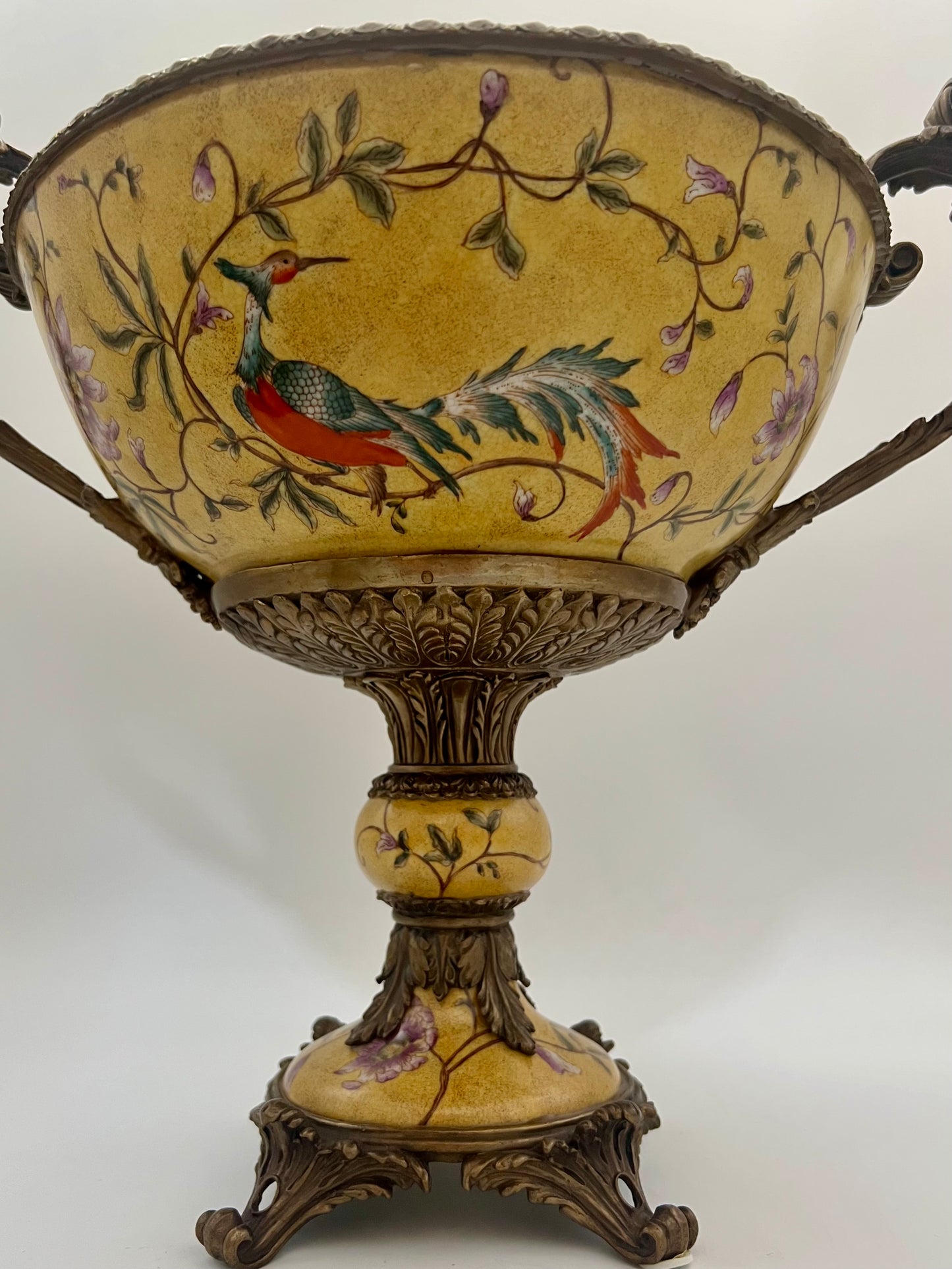 LUXURY MARK ROBERTS HAND-PAINTED PORCELAIN & BRONZE CENTERPIECE – 15.5″ TALL, HEAVY 11 LB DECORATIVE STATEMENT BOWL – FREE SHIPPING