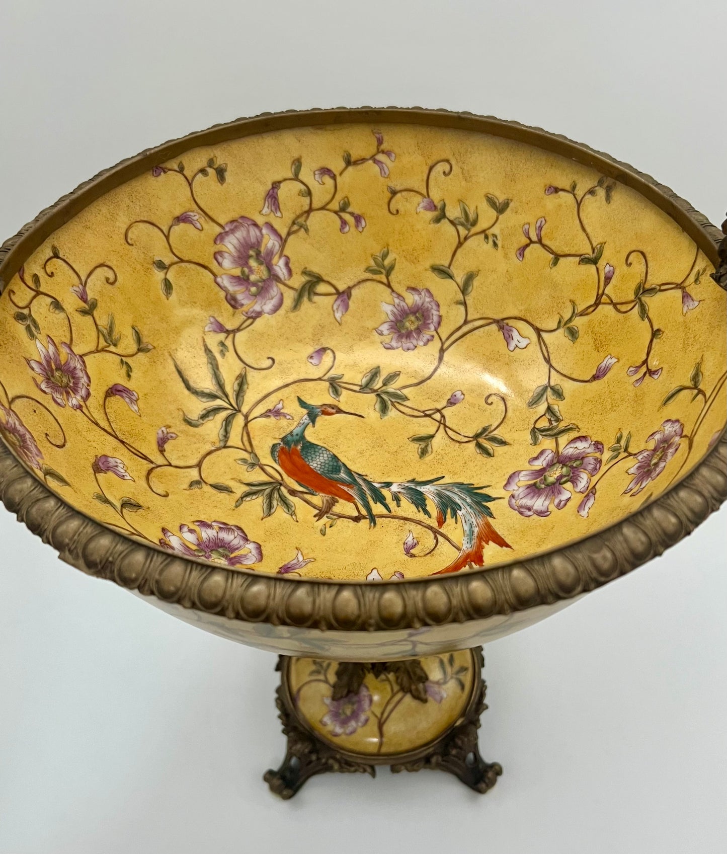 LUXURY MARK ROBERTS HAND-PAINTED PORCELAIN & BRONZE CENTERPIECE – 15.5″ TALL, HEAVY 11 LB DECORATIVE STATEMENT BOWL – FREE SHIPPING