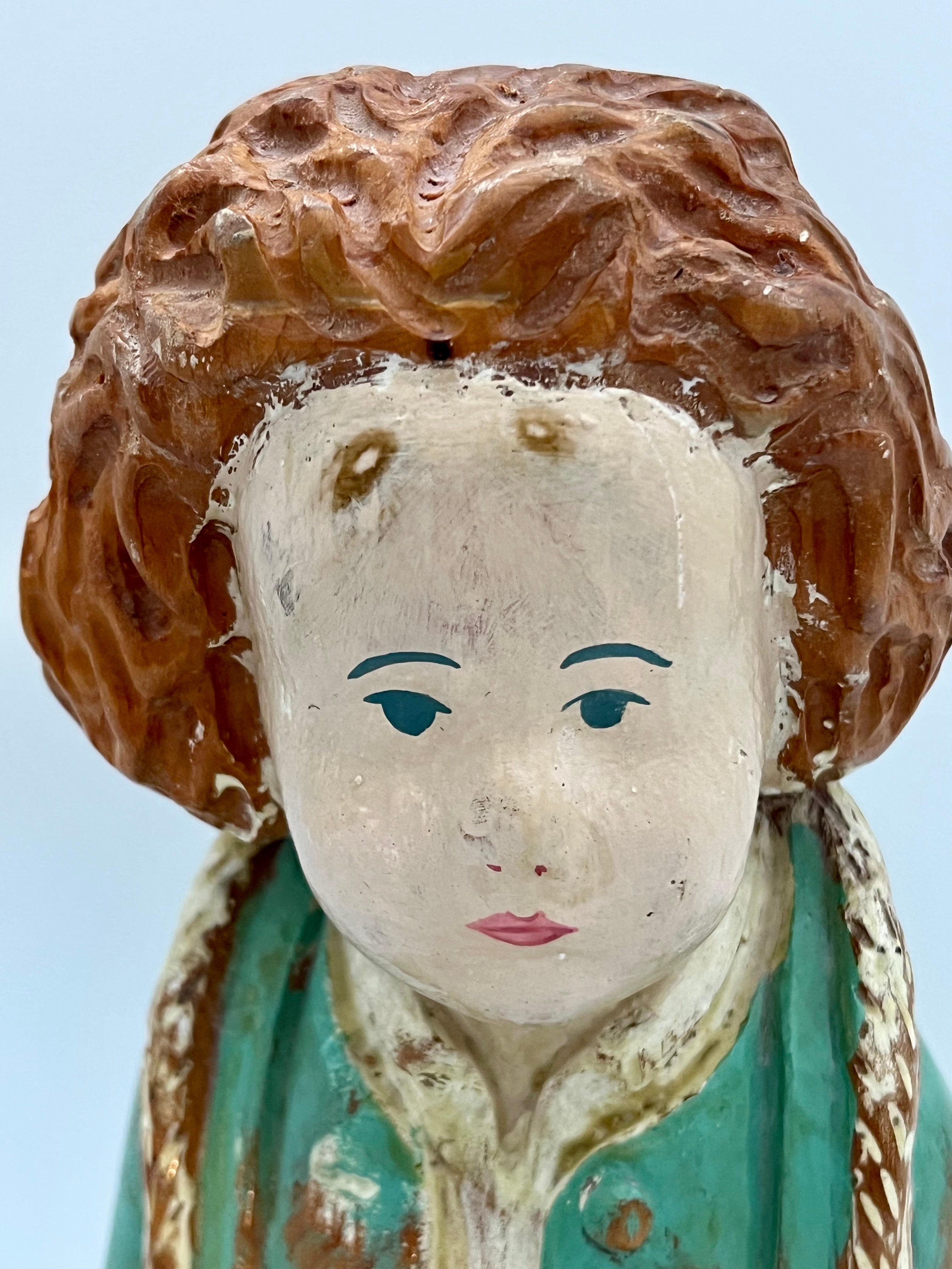 HAND-CARVED SARREID ITALY WOOD FIGURE • VINTAGE FOLK ART DOLL • DISTRESSED PAINTED ITALIAN CARVING • 12.5”