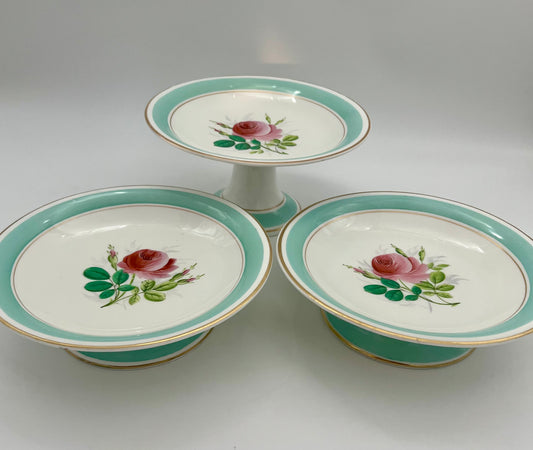 ANTIQUE TRIO OF ENGLISH VICTORIAN FLORAL COMPOTES, CIRCA 1880s