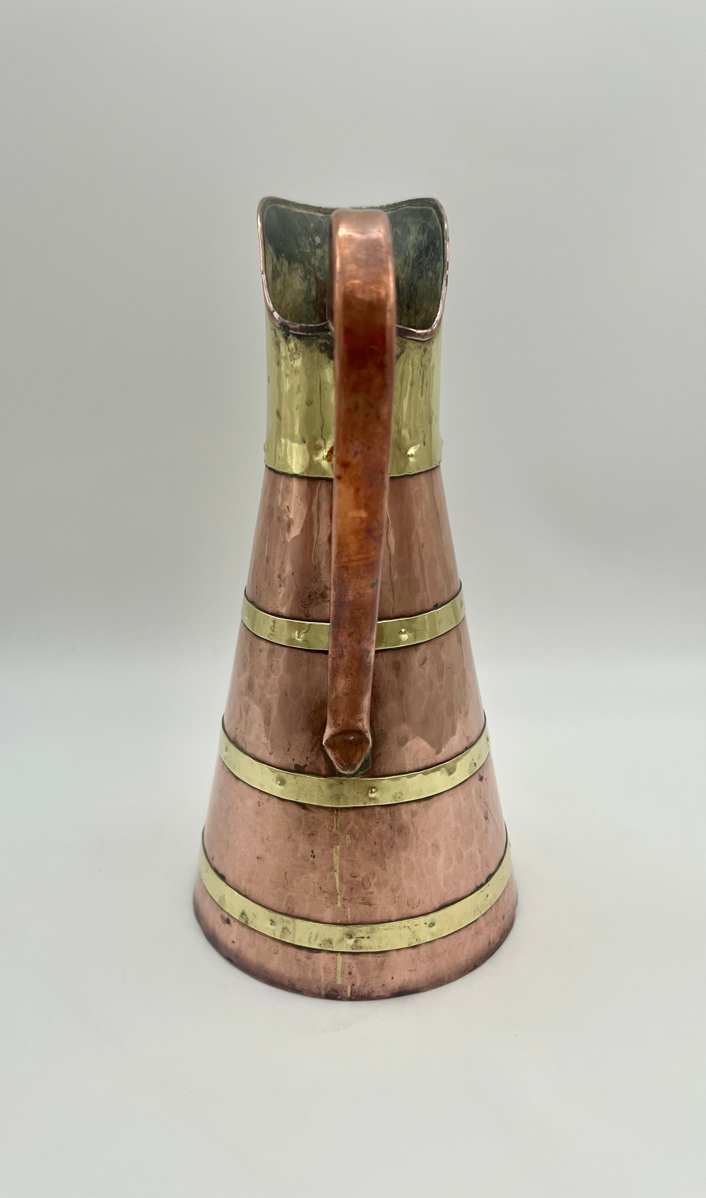 VINTAGE ENGLISH STYLE HAMMERED COPPER & BRASS PITCHER – 11.5 INCH TALL WATER EWER WITH RIVETED BANDS – ARTS & CRAFTS DECOR
