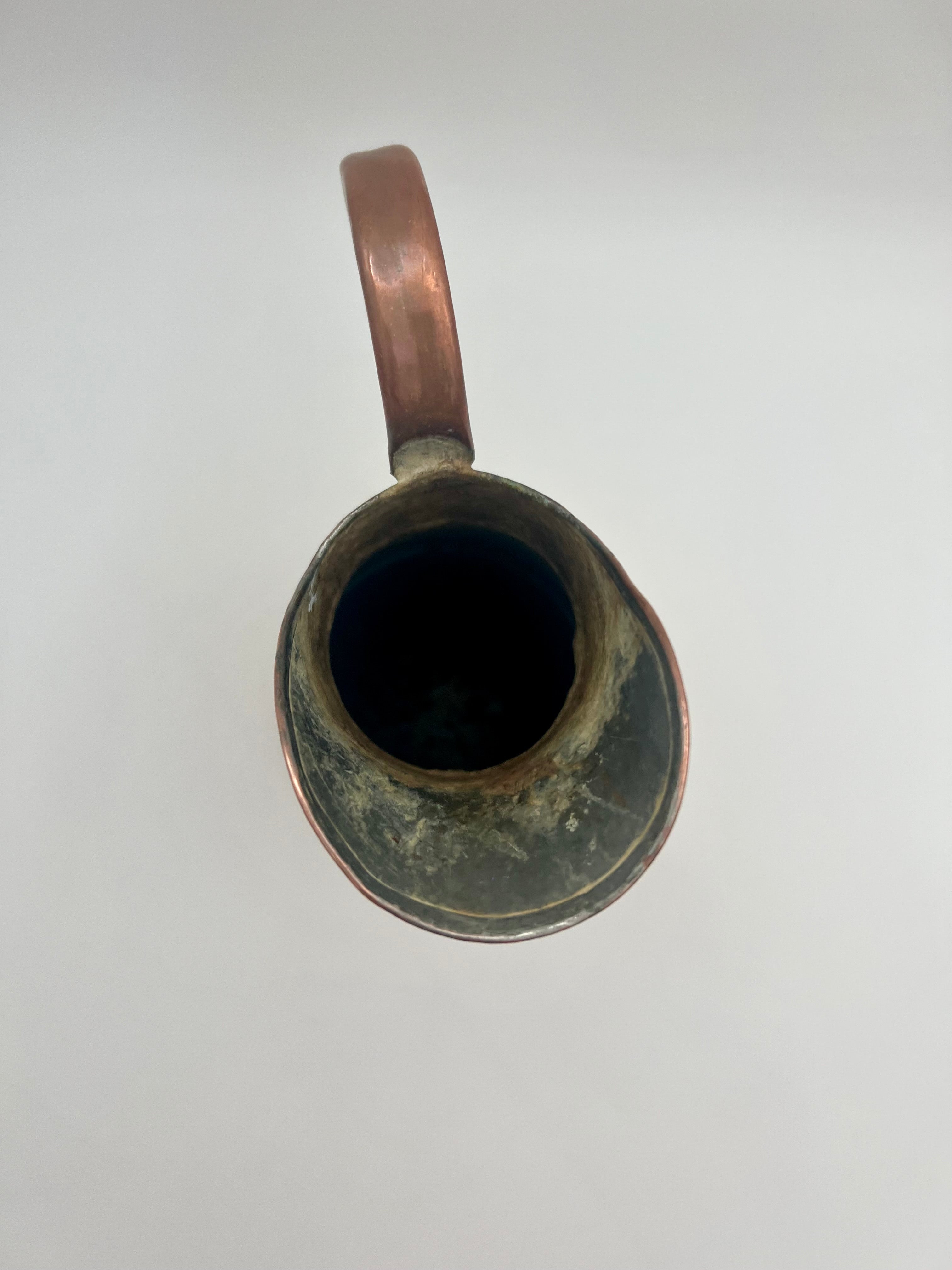 VINTAGE ENGLISH STYLE HAMMERED COPPER & BRASS PITCHER – 11.5 INCH TALL WATER EWER WITH RIVETED BANDS – ARTS & CRAFTS DECOR