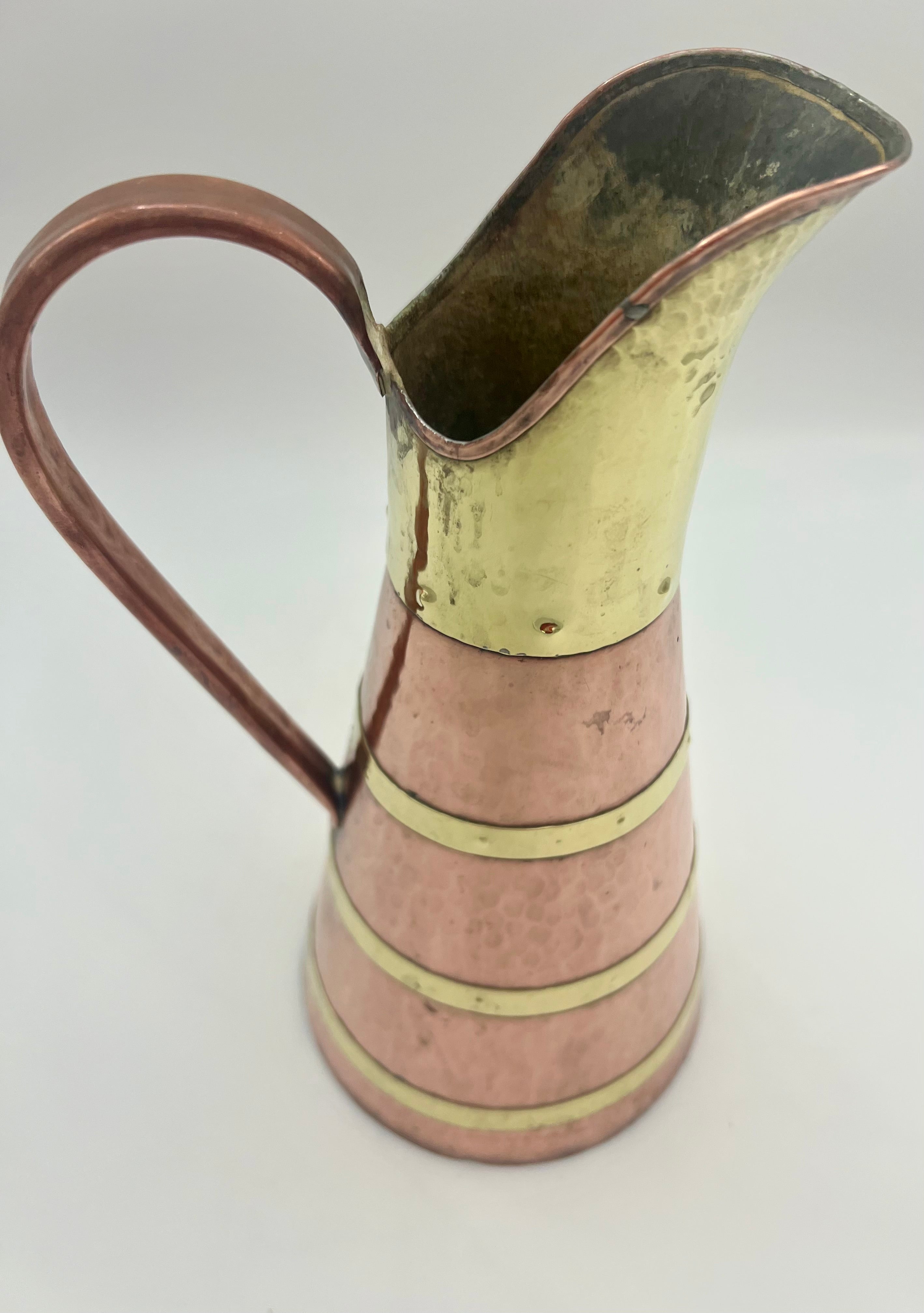 VINTAGE ENGLISH STYLE HAMMERED COPPER & BRASS PITCHER – 11.5 INCH TALL WATER EWER WITH RIVETED BANDS – ARTS & CRAFTS DECOR