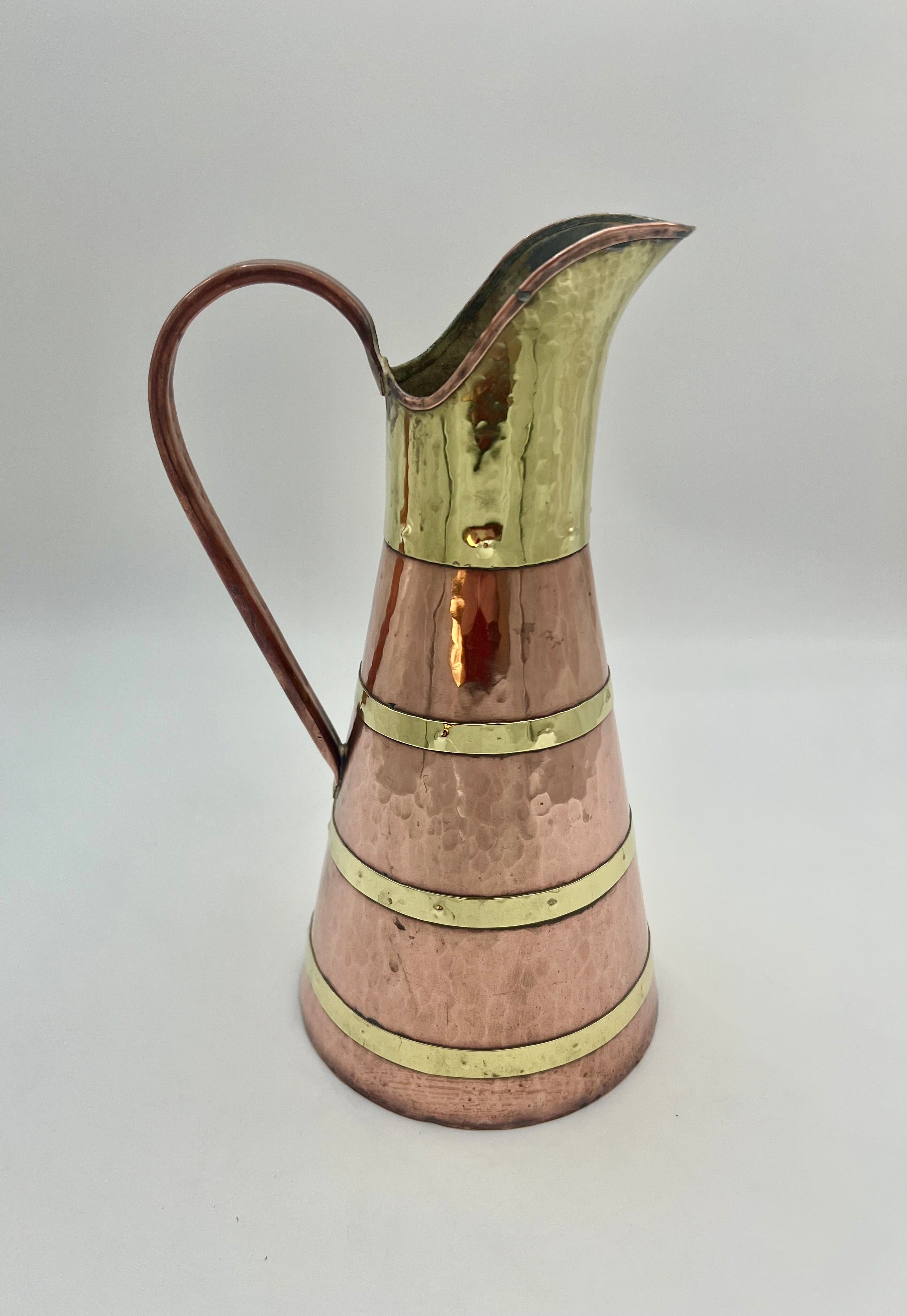 VINTAGE ENGLISH STYLE HAMMERED COPPER & BRASS PITCHER – 11.5 INCH TALL WATER EWER WITH RIVETED BANDS – ARTS & CRAFTS DECOR