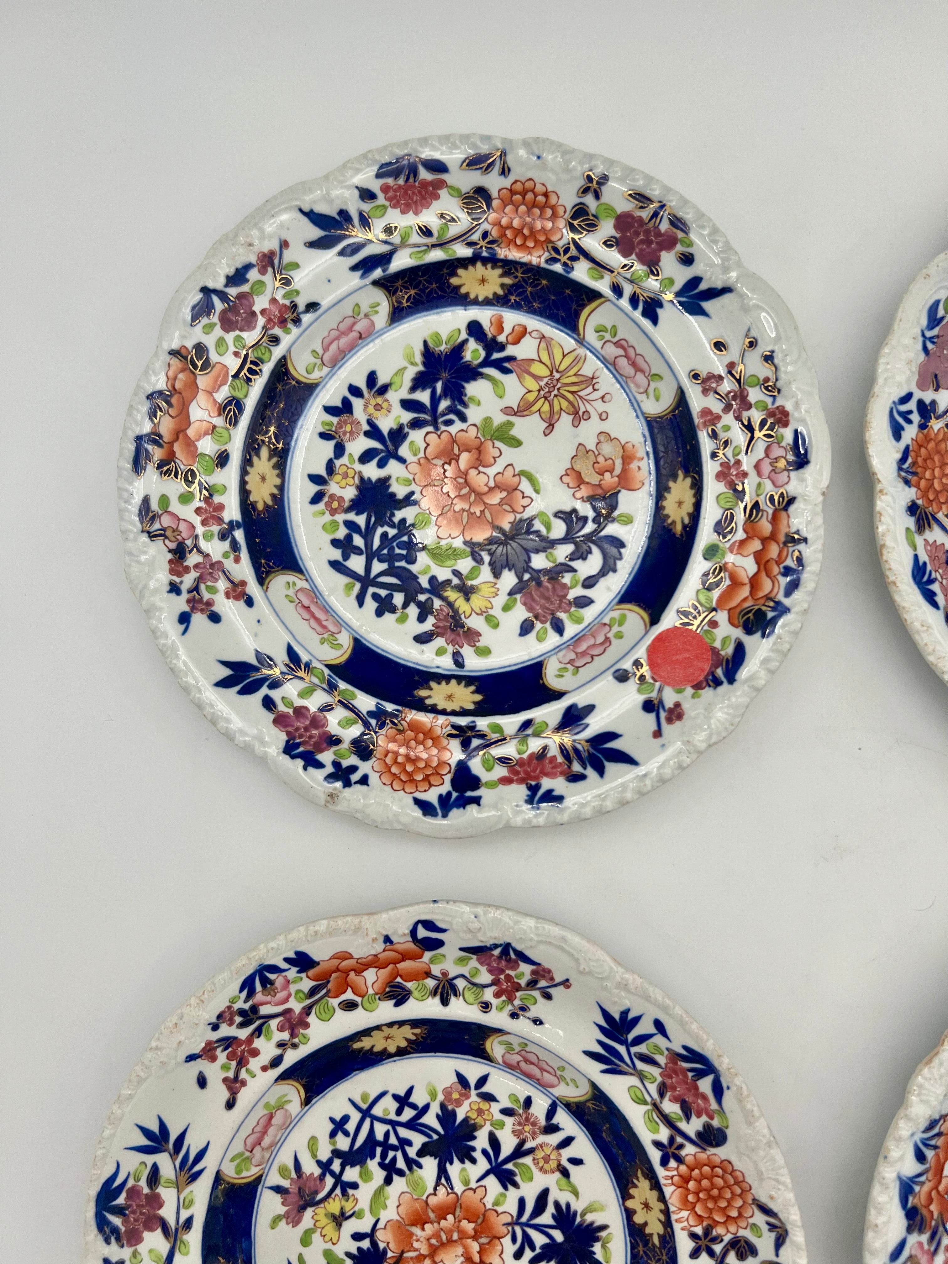 ANTIQUE MASON’S IRONSTONE IMARI STYLE HAND PAINTED DESSERT PLATES – SET OF 4 – REGENCY ERA ENGLISH CHINA – CIRCA 1815–1835