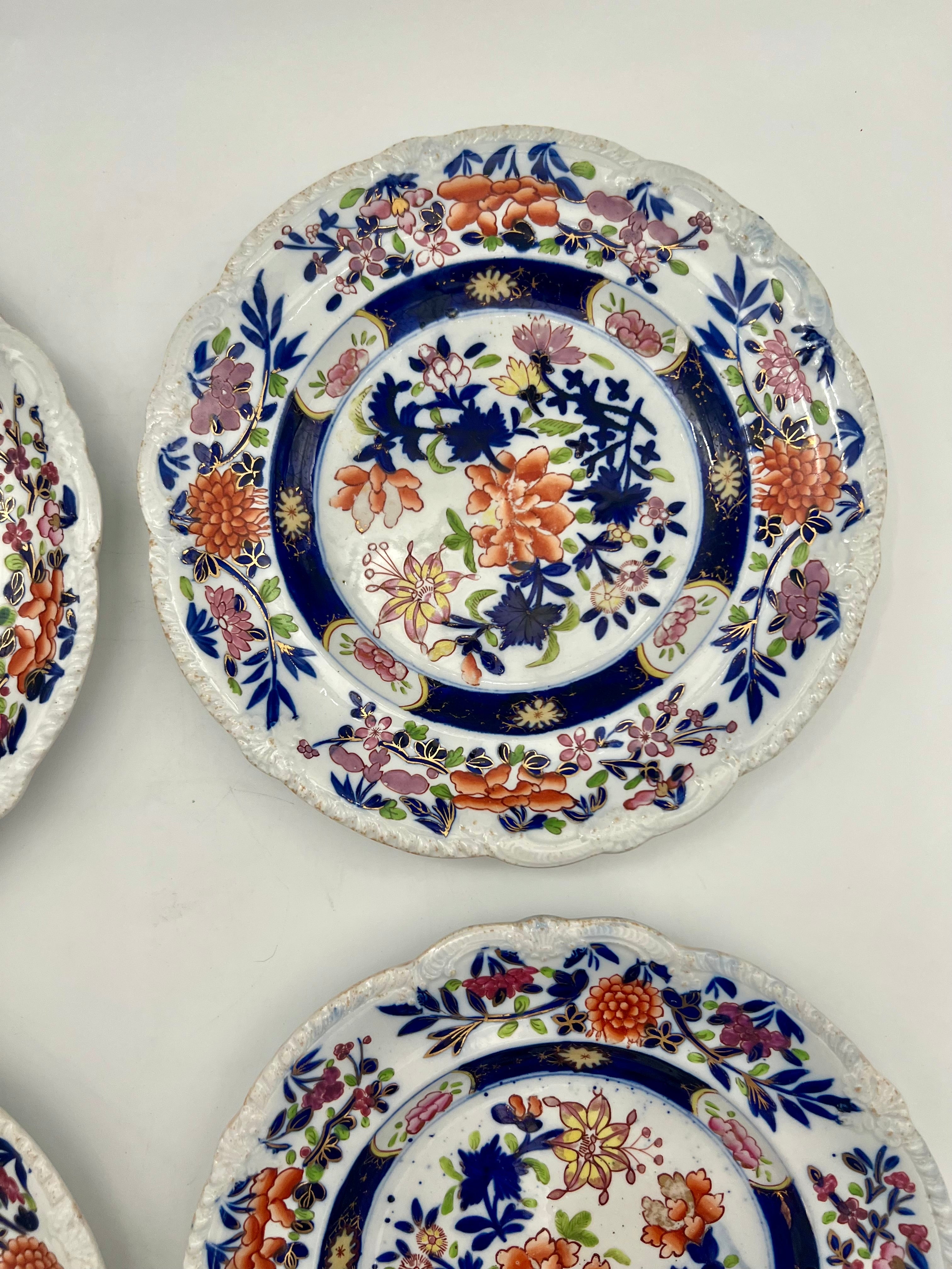 ANTIQUE MASON’S IRONSTONE IMARI STYLE HAND PAINTED DESSERT PLATES – SET OF 4 – REGENCY ERA ENGLISH CHINA – CIRCA 1815–1835