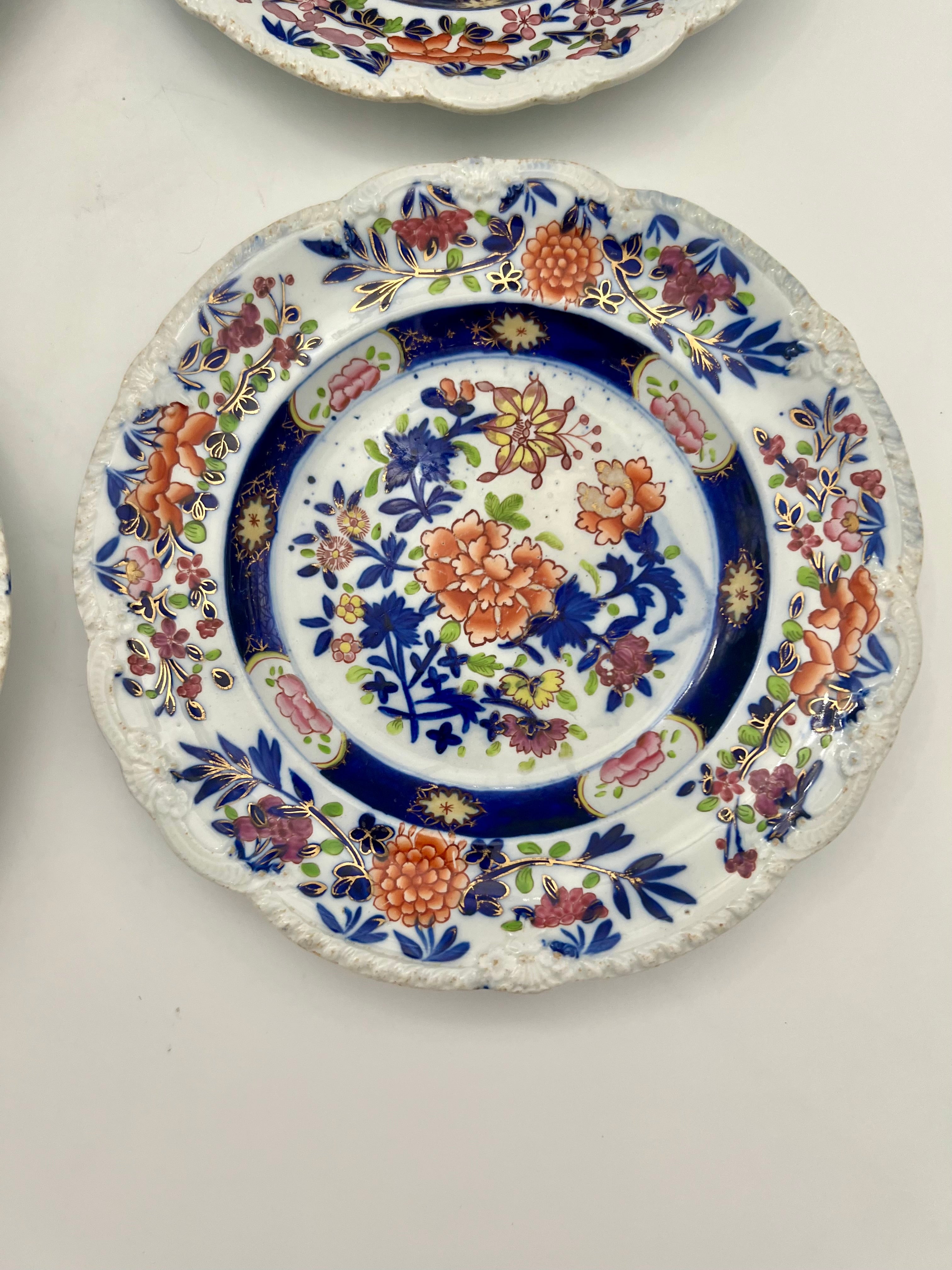 ANTIQUE MASON’S IRONSTONE IMARI STYLE HAND PAINTED DESSERT PLATES – SET OF 4 – REGENCY ERA ENGLISH CHINA – CIRCA 1815–1835