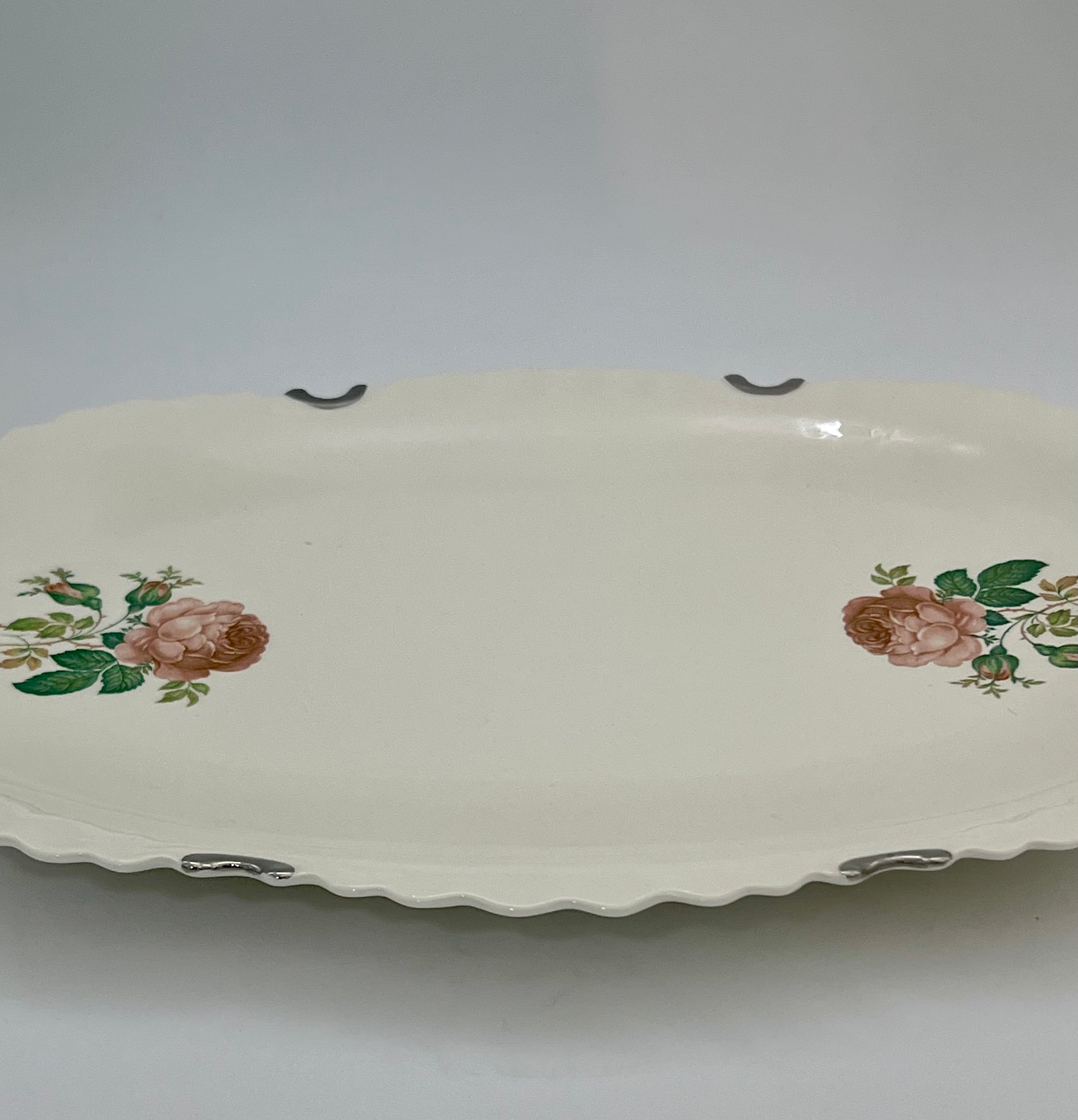 VINTAGE ROSE FLORAL SCALLOPED OVAL SERVING PLATTER WITH SILVER TONE RIM MOUNTS | SHABBY CHIC COTTAGE DECOR