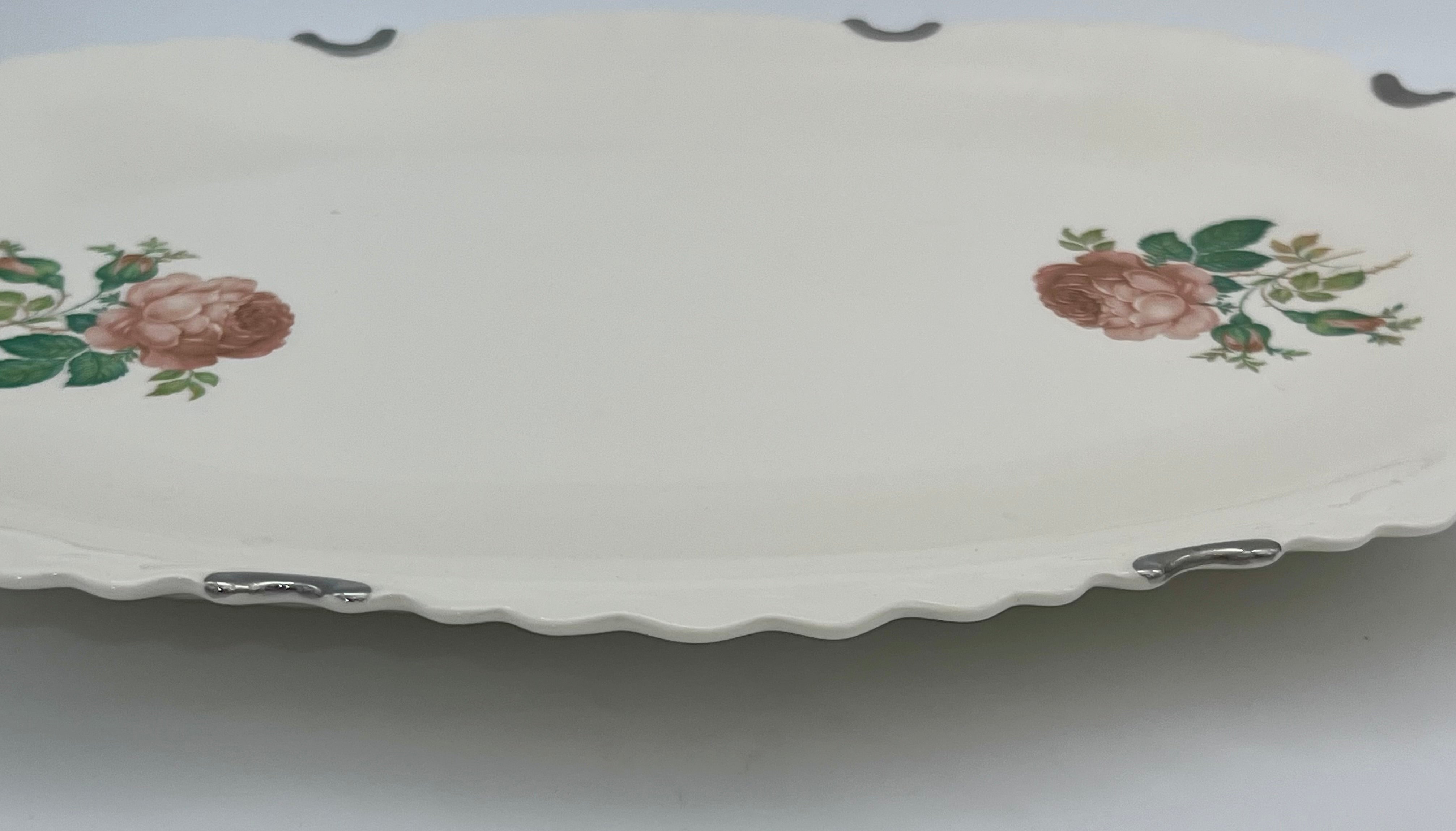 VINTAGE ROSE FLORAL SCALLOPED OVAL SERVING PLATTER WITH SILVER TONE RIM MOUNTS | SHABBY CHIC COTTAGE DECOR