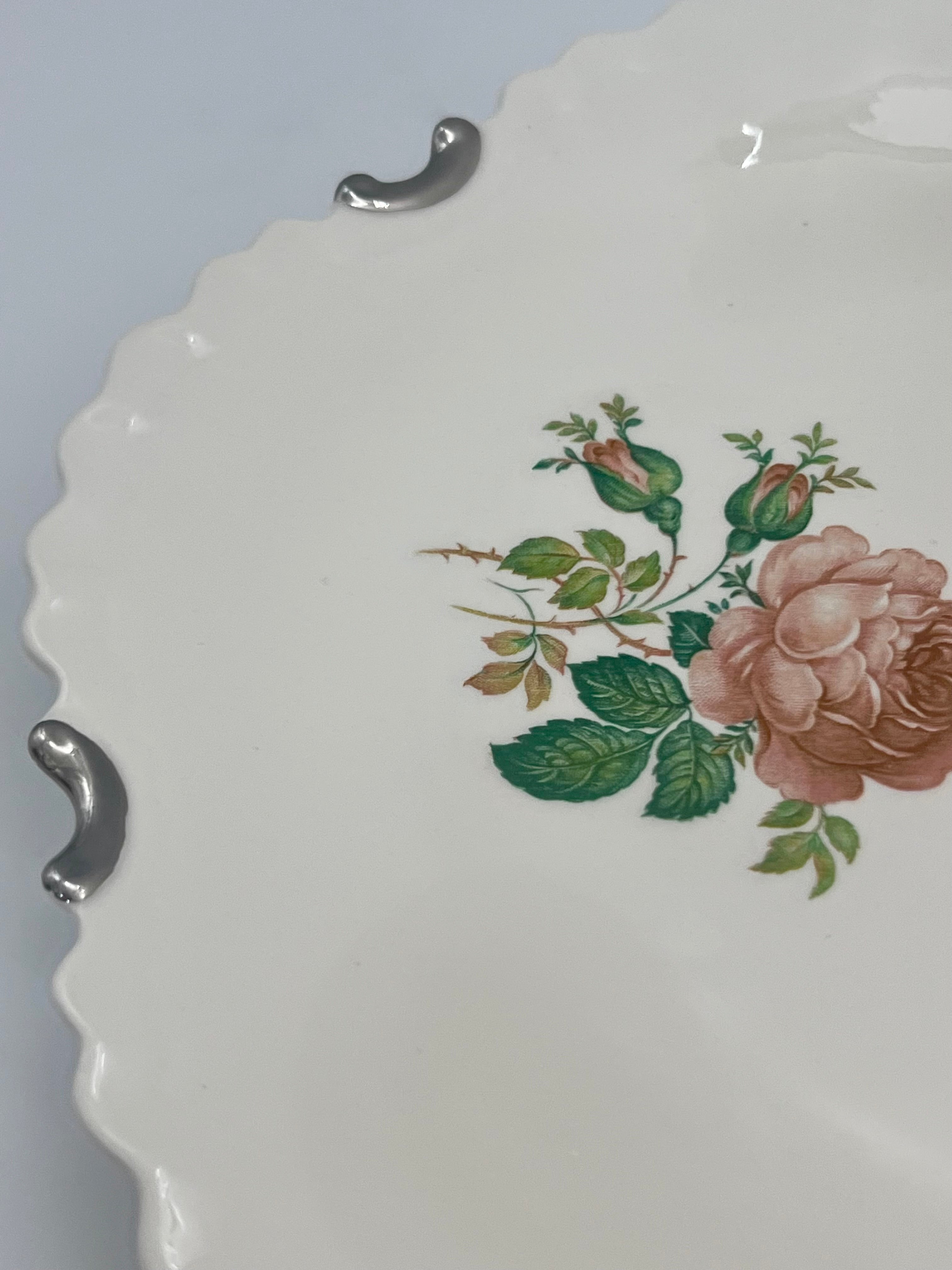 VINTAGE ROSE FLORAL SCALLOPED OVAL SERVING PLATTER WITH SILVER TONE RIM MOUNTS | SHABBY CHIC COTTAGE DECOR