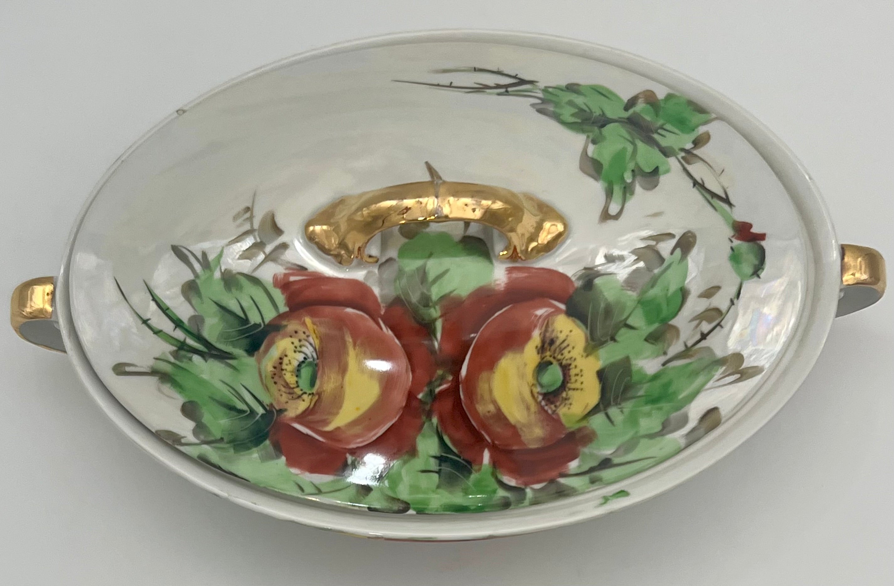 VINTAGE Z.S. & C. BAVARIA HAND PAINTED FLORAL COVERED VEGETABLE DISH TUREEN WITH GOLD HANDLES – MID CENTURY GERMAN PORCELAIN