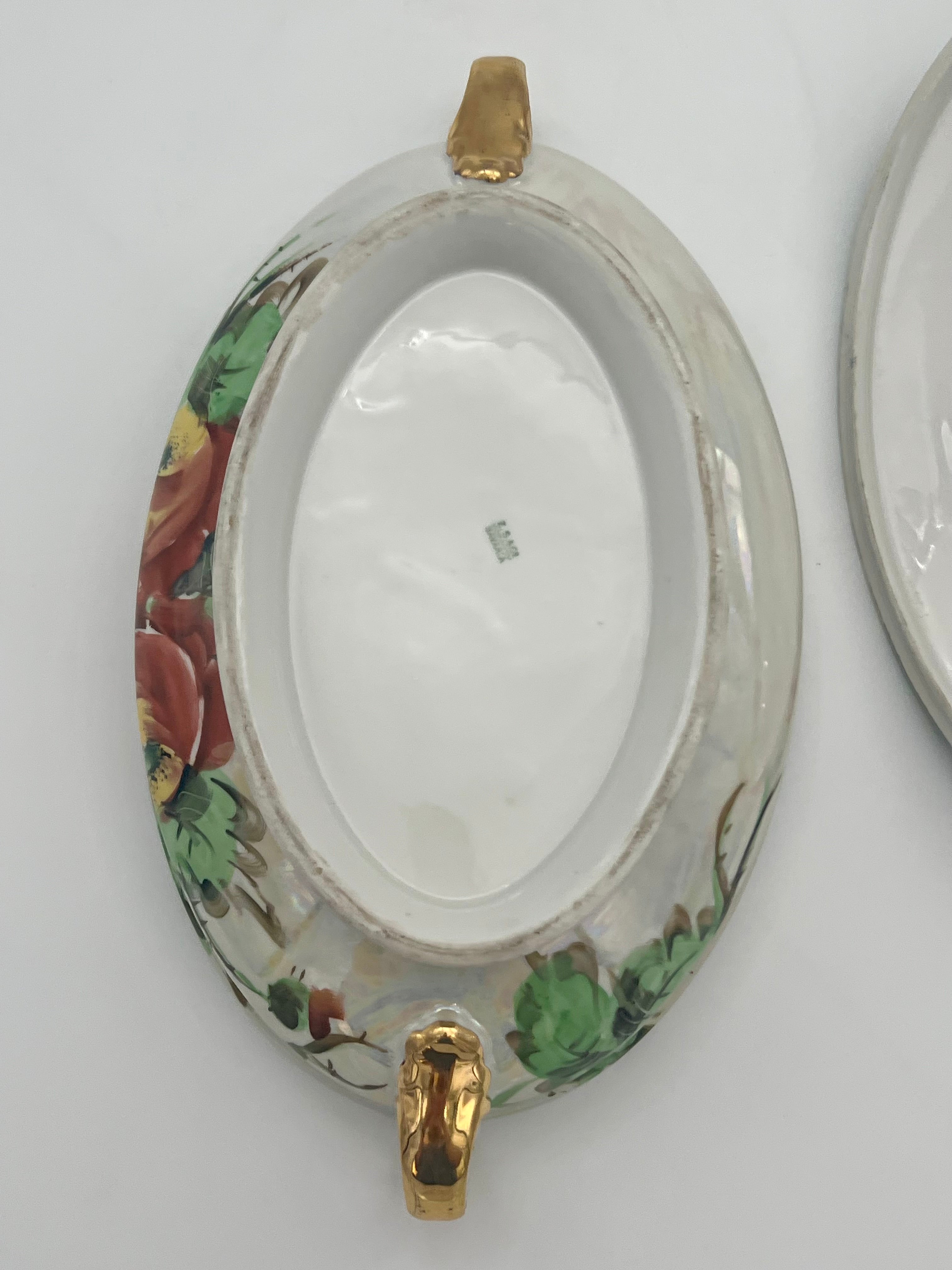VINTAGE Z.S. & C. BAVARIA HAND PAINTED FLORAL COVERED VEGETABLE DISH TUREEN WITH GOLD HANDLES – MID CENTURY GERMAN PORCELAIN