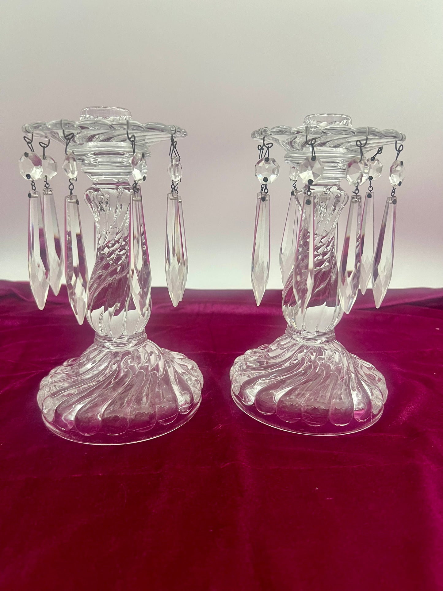 VINTAGE FOSTORIA CANDLESTICK HOLDERS AND PRISMS