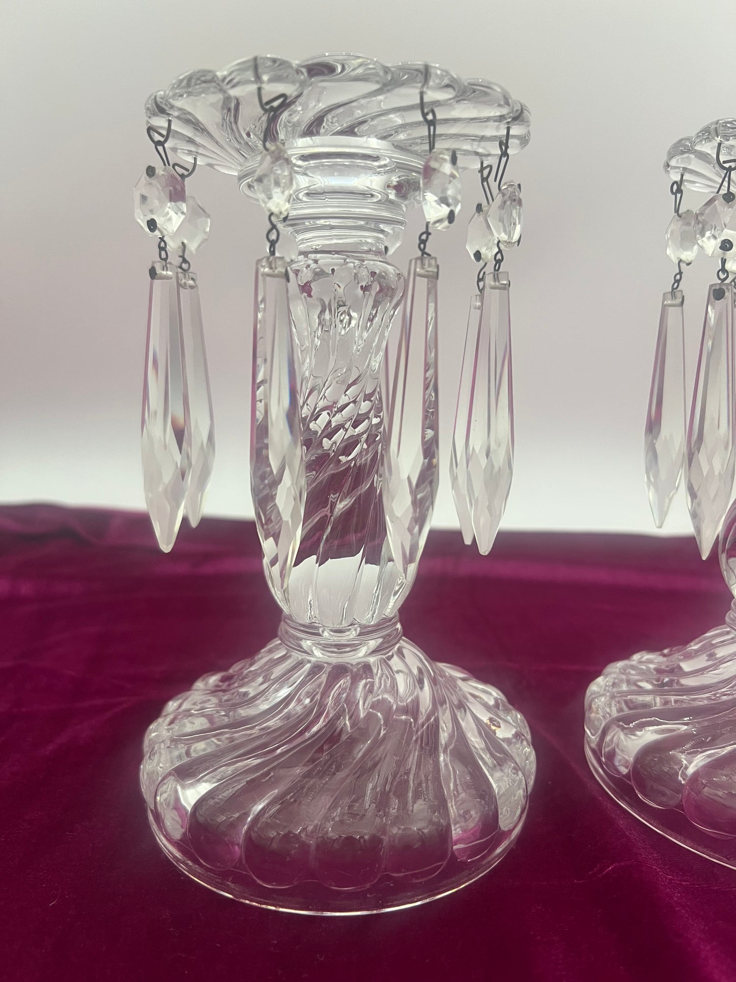 VINTAGE FOSTORIA CANDLESTICK HOLDERS AND PRISMS