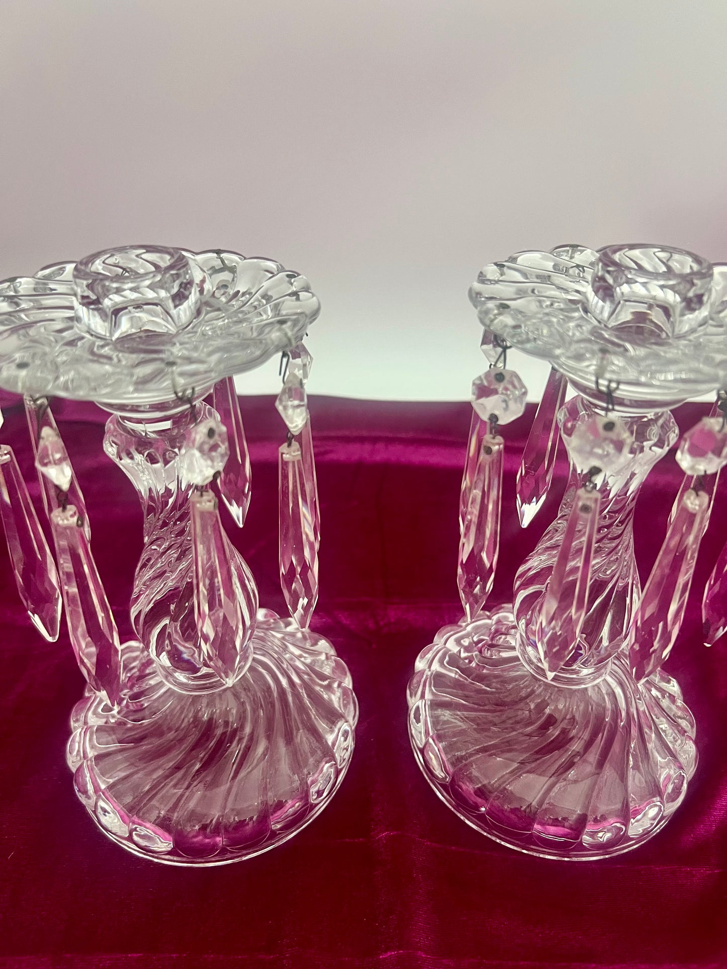 VINTAGE FOSTORIA CANDLESTICK HOLDERS AND PRISMS