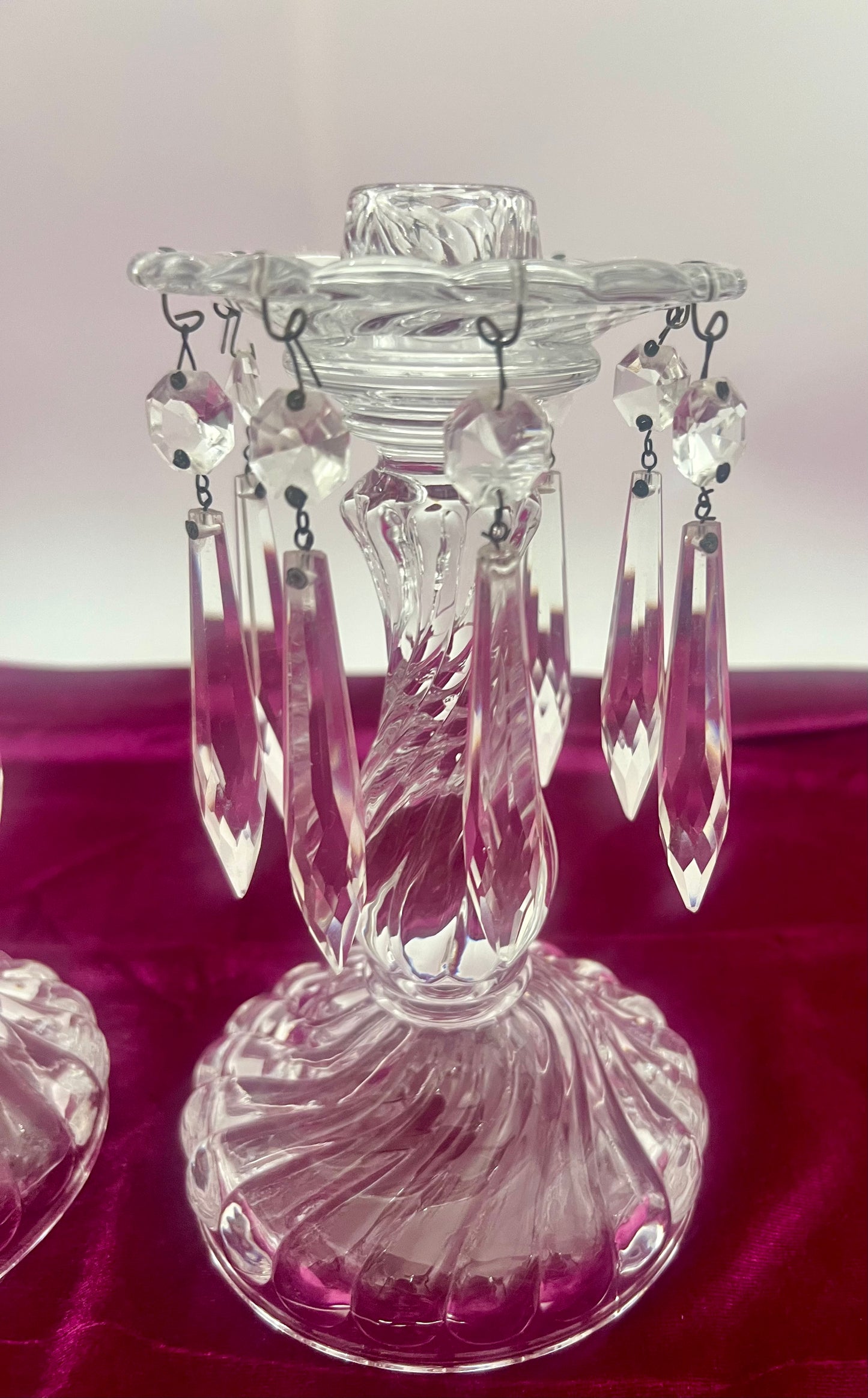 VINTAGE FOSTORIA CANDLESTICK HOLDERS AND PRISMS