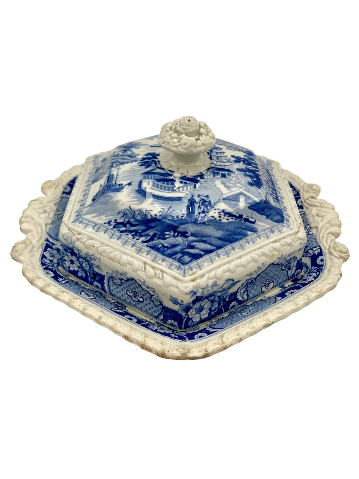 GEORGIAN BLUE AND WHITE RIDGEWAY INDIAN TEMPLE HEXAGON COVERED SERVING DISH, CIRCA 1820