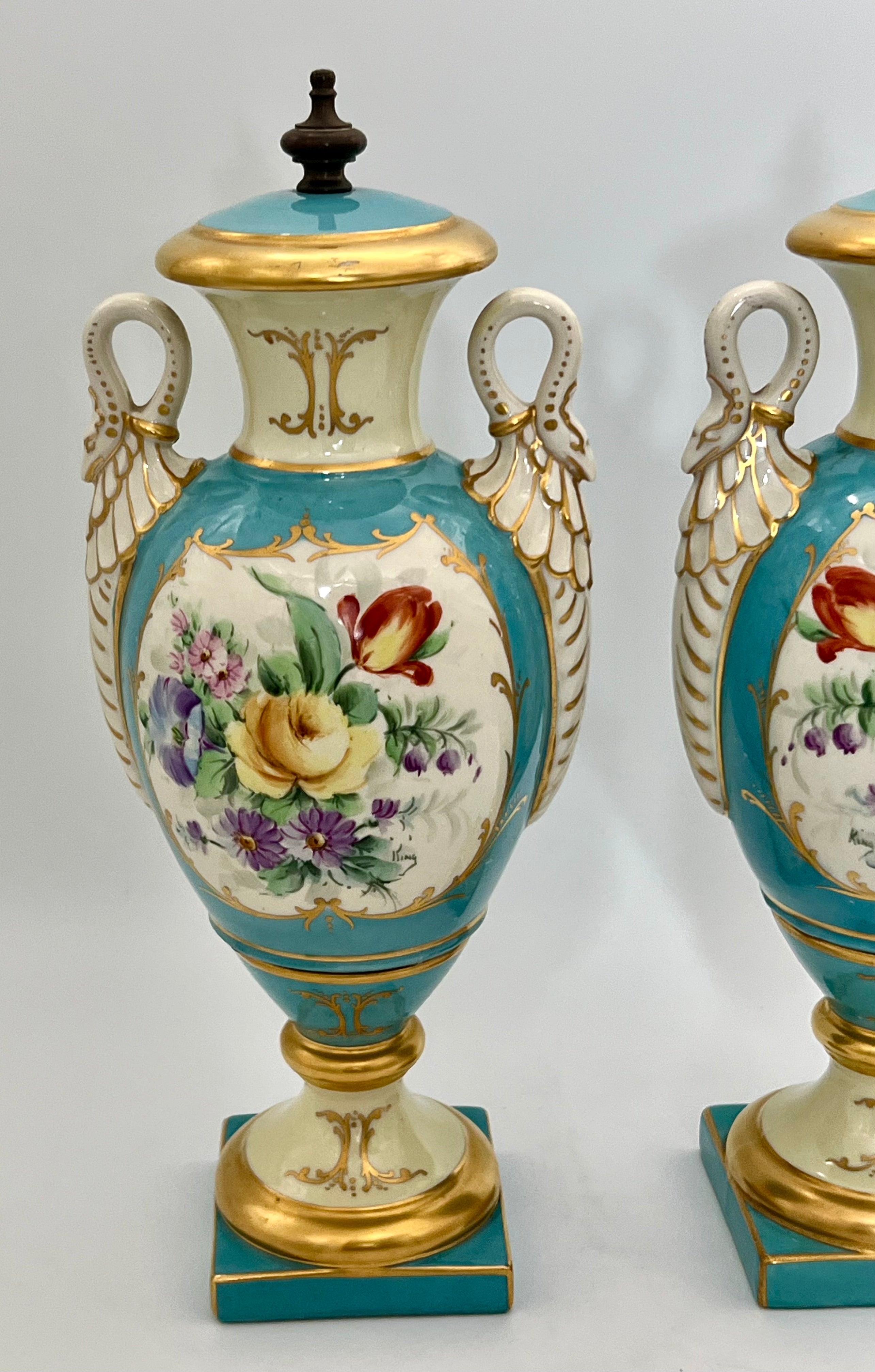 PAIR OF 19TH CENTURY LIMOGES SWAN-HANDLE URN VASES WITH LIDS – TURQUOISE & GOLD OLD PARIS STYLE, HAND-PAINTED FLORAL CARTOUCHES