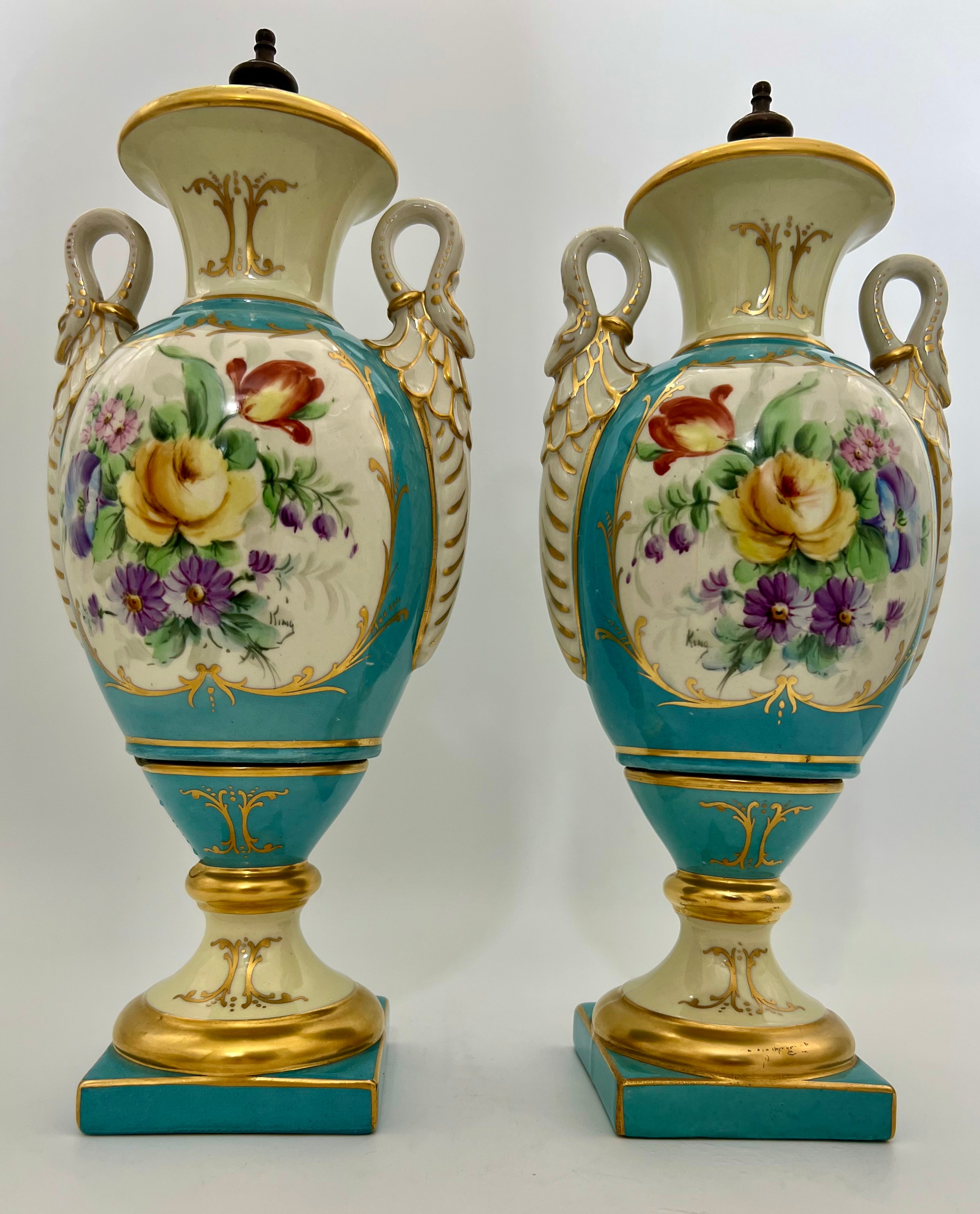 PAIR OF 19TH CENTURY LIMOGES SWAN-HANDLE URN VASES WITH LIDS – TURQUOISE & GOLD OLD PARIS STYLE, HAND-PAINTED FLORAL CARTOUCHES