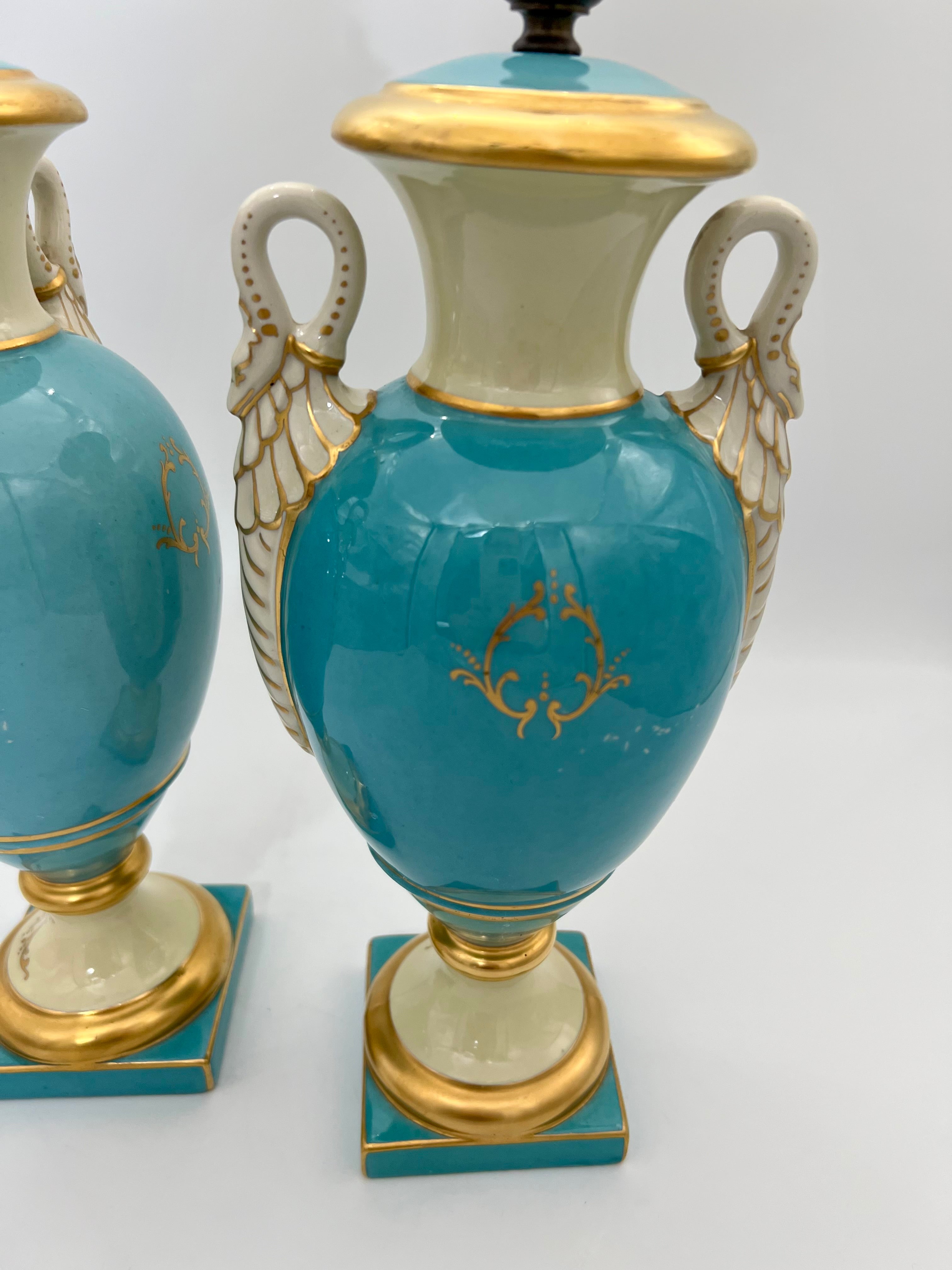 PAIR OF 19TH CENTURY LIMOGES SWAN-HANDLE URN VASES WITH LIDS – TURQUOISE & GOLD OLD PARIS STYLE, HAND-PAINTED FLORAL CARTOUCHES
