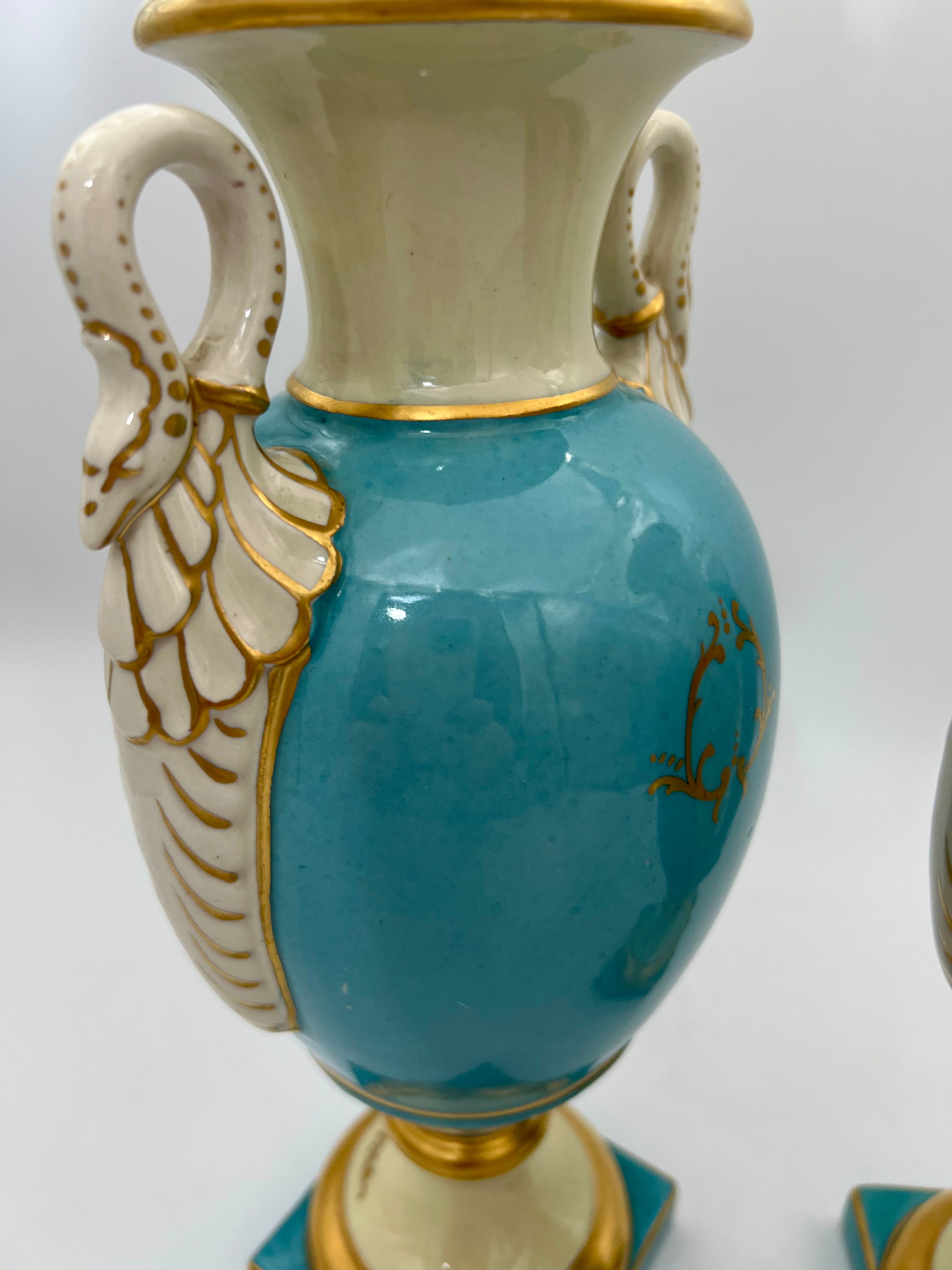 PAIR OF 19TH CENTURY LIMOGES SWAN-HANDLE URN VASES WITH LIDS – TURQUOISE & GOLD OLD PARIS STYLE, HAND-PAINTED FLORAL CARTOUCHES
