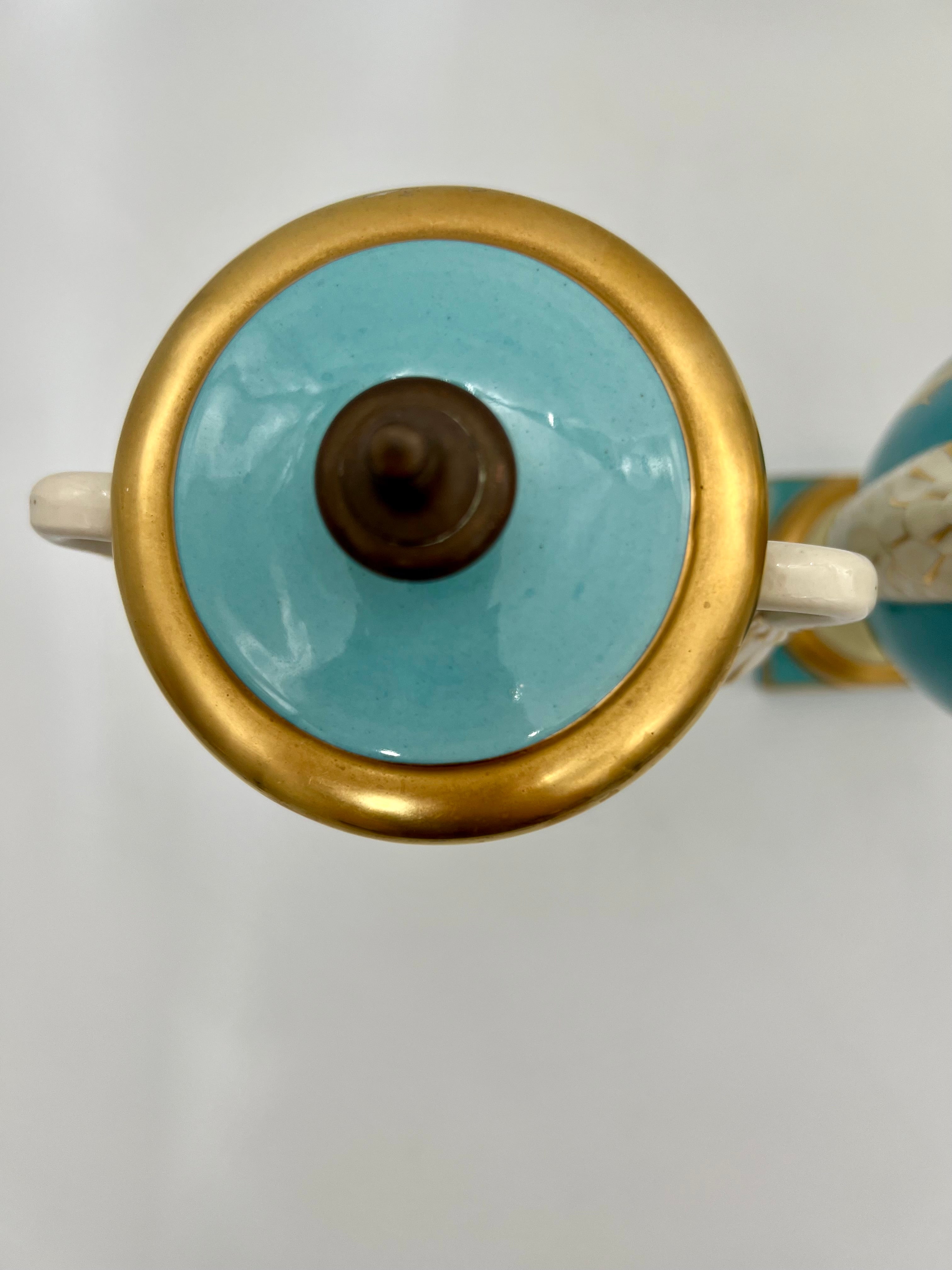 PAIR OF 19TH CENTURY LIMOGES SWAN-HANDLE URN VASES WITH LIDS – TURQUOISE & GOLD OLD PARIS STYLE, HAND-PAINTED FLORAL CARTOUCHES