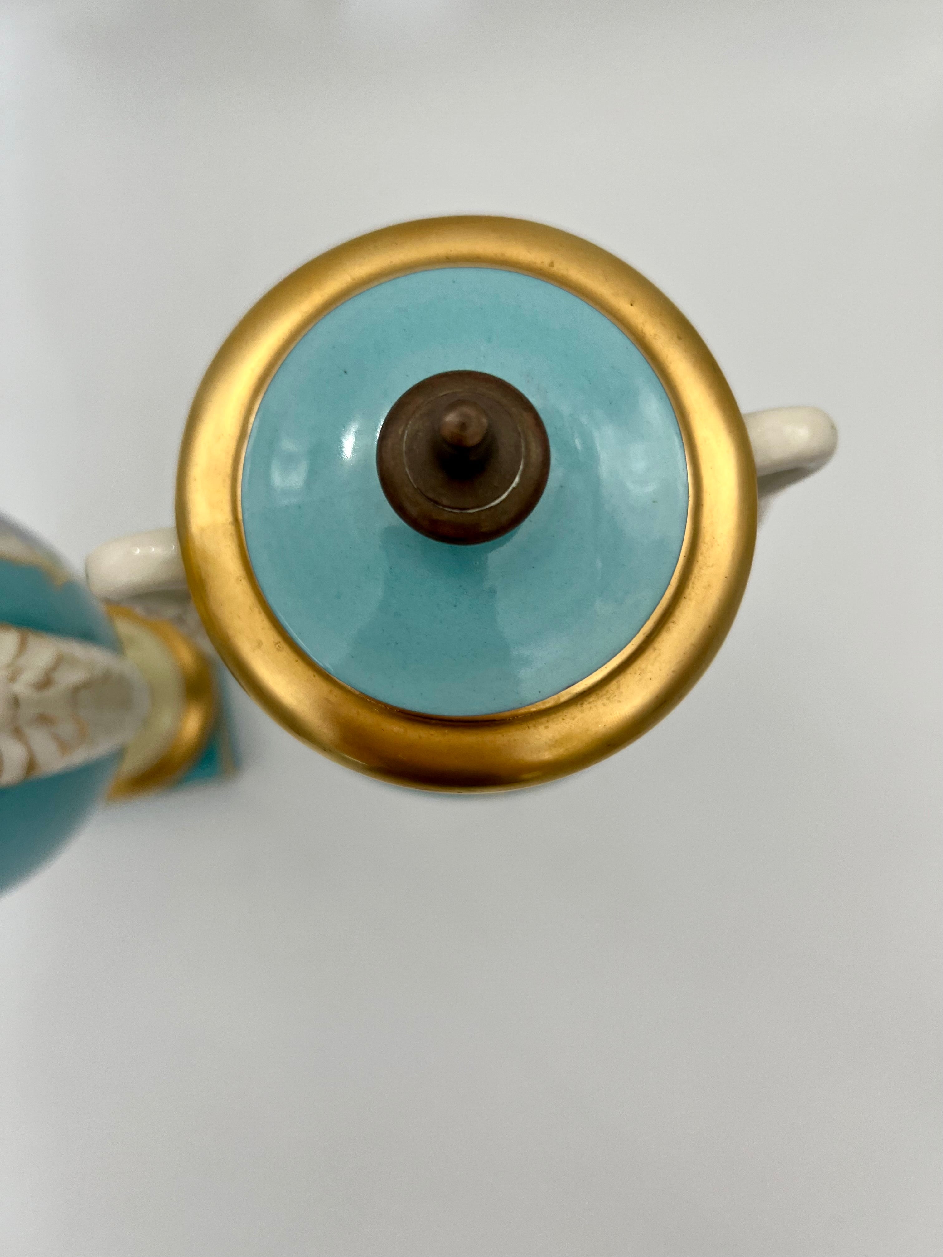 PAIR OF 19TH CENTURY LIMOGES SWAN-HANDLE URN VASES WITH LIDS – TURQUOISE & GOLD OLD PARIS STYLE, HAND-PAINTED FLORAL CARTOUCHES