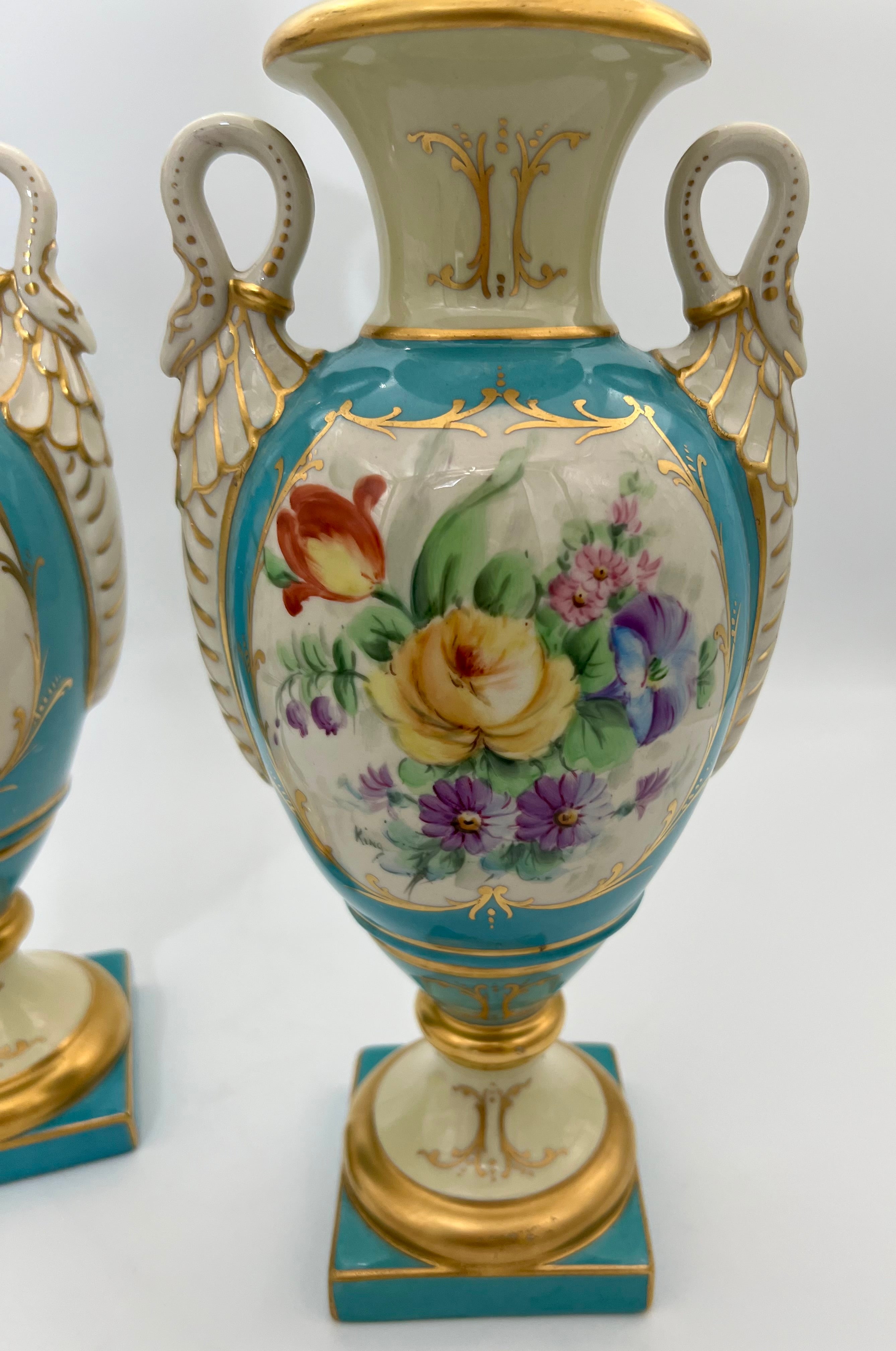 PAIR OF 19TH CENTURY LIMOGES SWAN-HANDLE URN VASES WITH LIDS – TURQUOISE & GOLD OLD PARIS STYLE, HAND-PAINTED FLORAL CARTOUCHES
