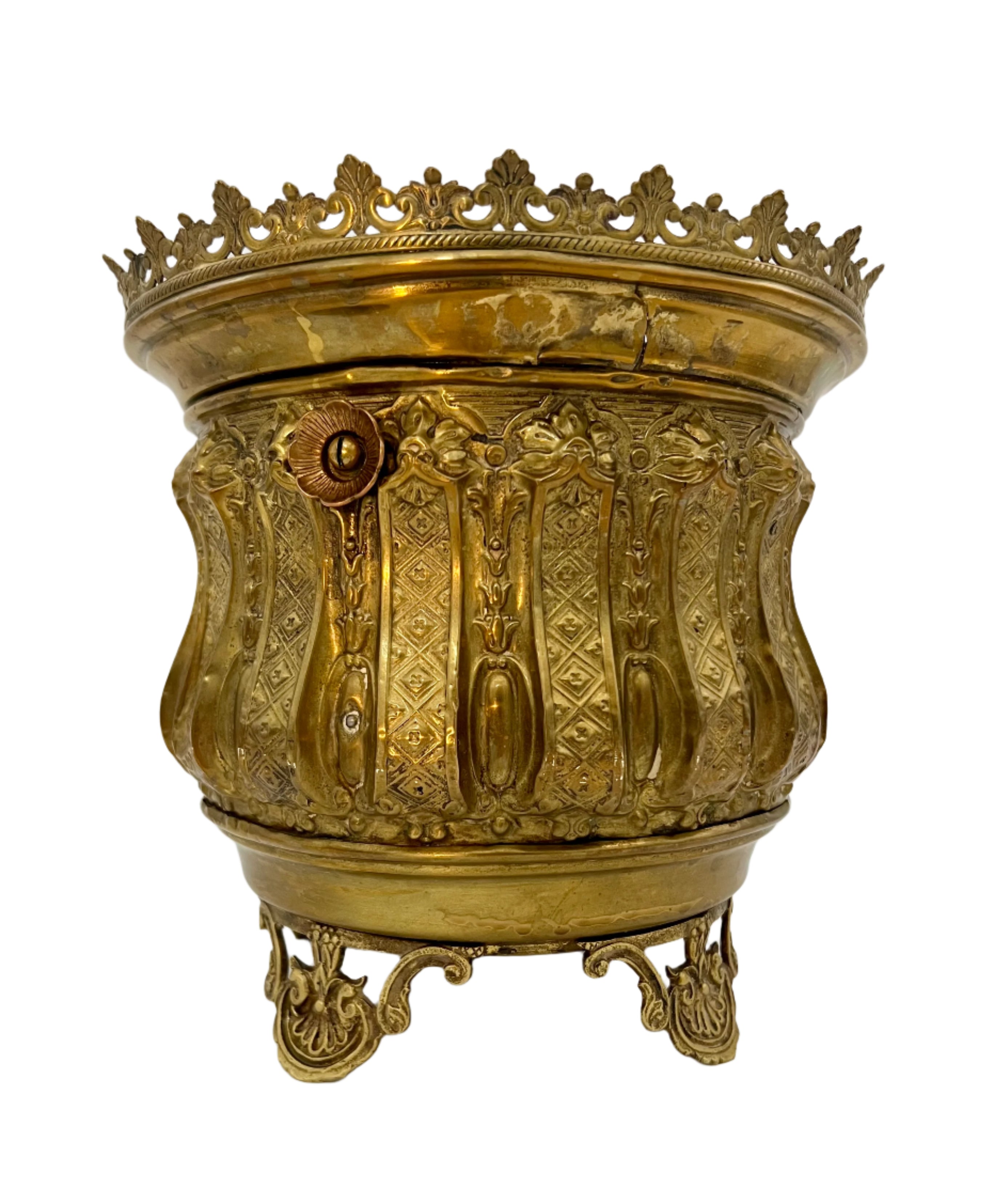 ANTIQUE FRENCH ROCOCO REVIVAL BRASS JARDINIÈRE – ORNATE EMBOSSED CACHEPOT WITH OPENWORK RIM & FEET – CIRCA 1880-1910