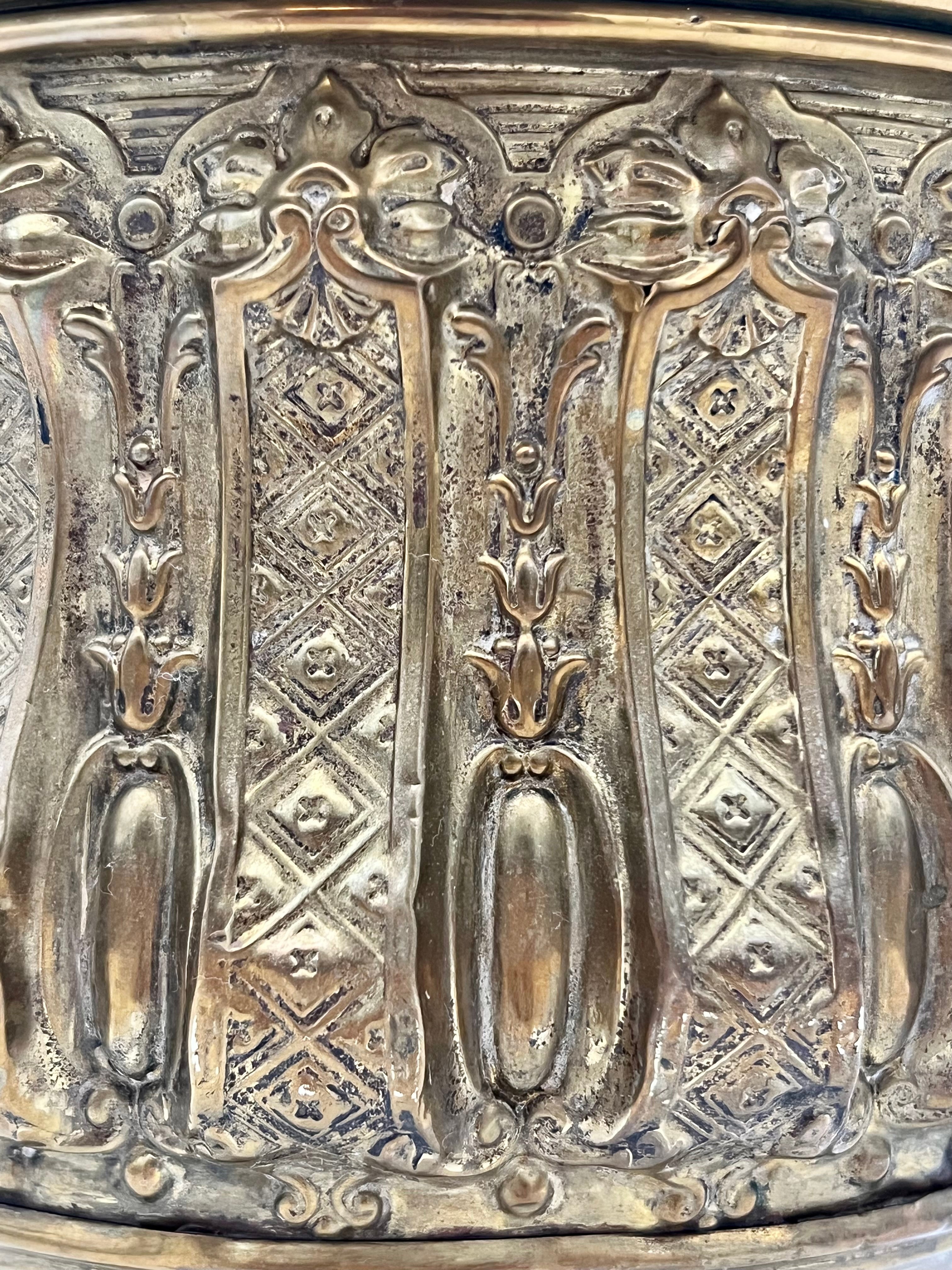 ANTIQUE FRENCH ROCOCO REVIVAL BRASS JARDINIÈRE – ORNATE EMBOSSED CACHEPOT WITH OPENWORK RIM & FEET – CIRCA 1880-1910