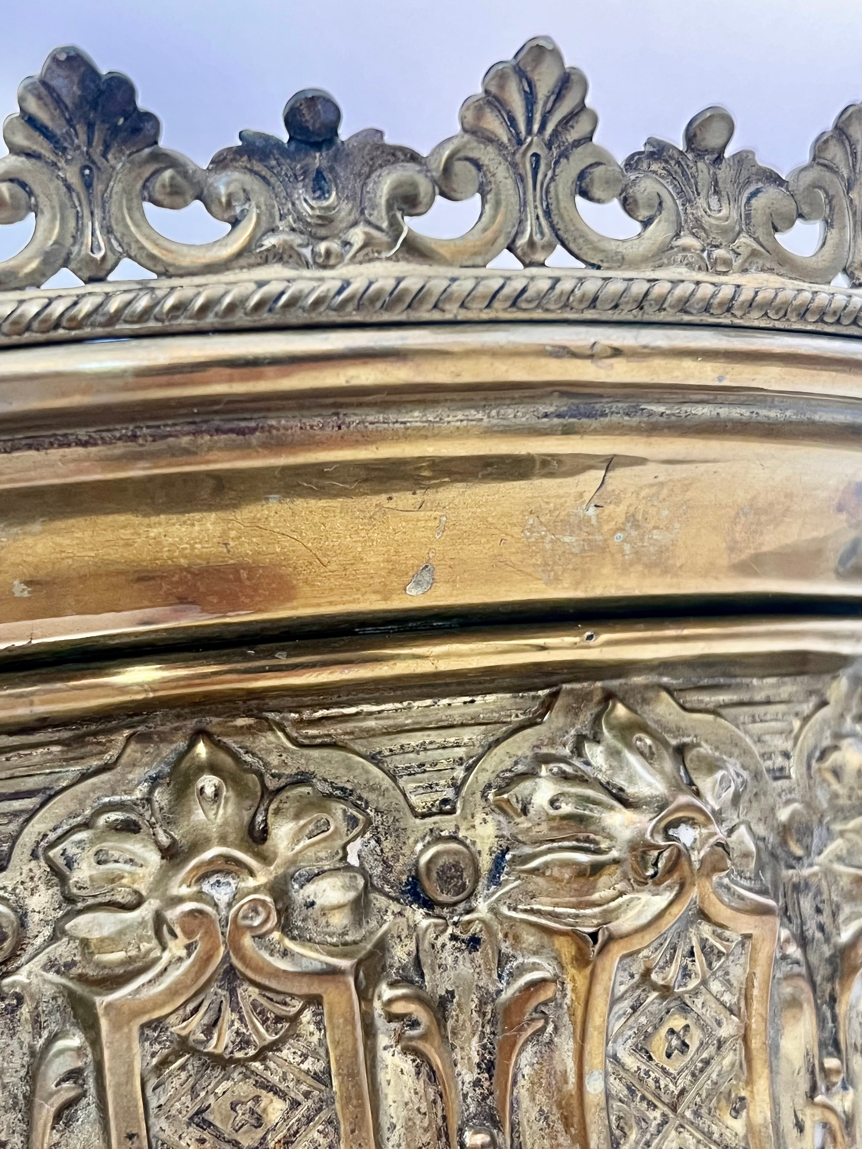 ANTIQUE FRENCH ROCOCO REVIVAL BRASS JARDINIÈRE – ORNATE EMBOSSED CACHEPOT WITH OPENWORK RIM & FEET – CIRCA 1880-1910