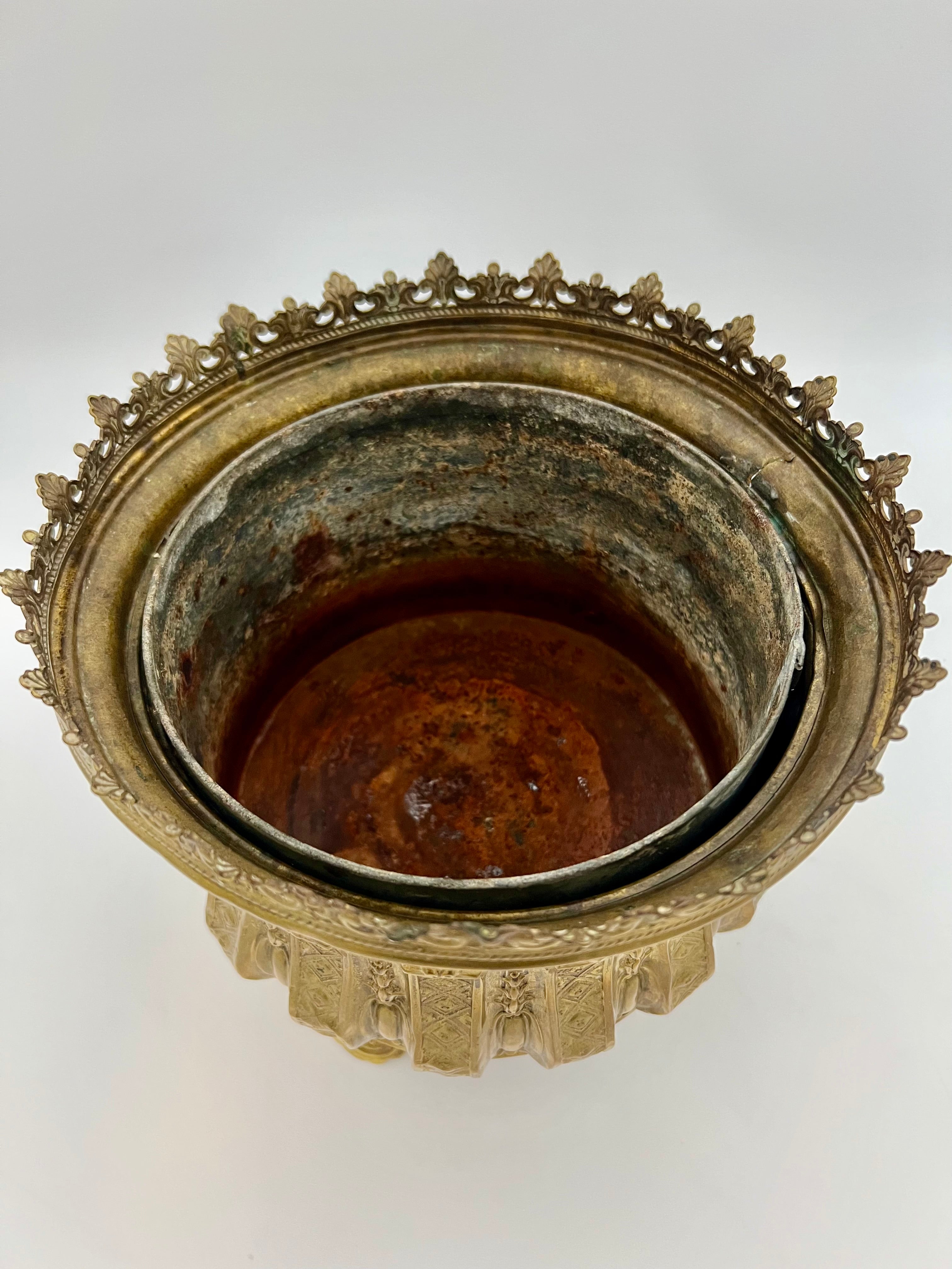 ANTIQUE FRENCH ROCOCO REVIVAL BRASS JARDINIÈRE – ORNATE EMBOSSED CACHEPOT WITH OPENWORK RIM & FEET – CIRCA 1880-1910