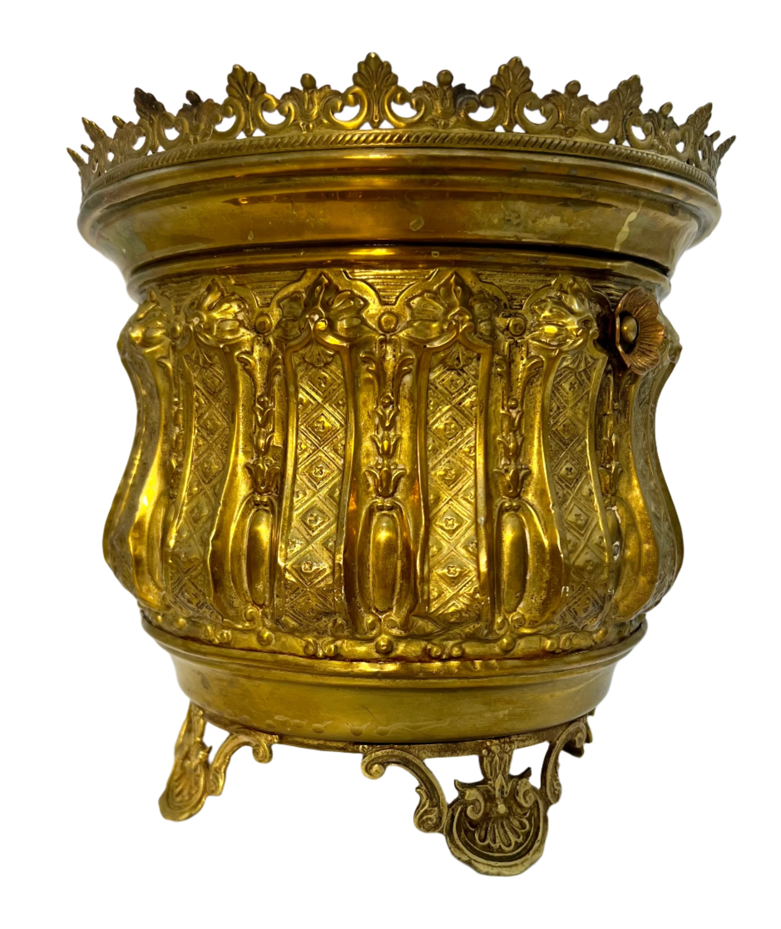 ANTIQUE FRENCH ROCOCO REVIVAL BRASS JARDINIÈRE – ORNATE EMBOSSED CACHEPOT WITH OPENWORK RIM & FEET – CIRCA 1880-1910