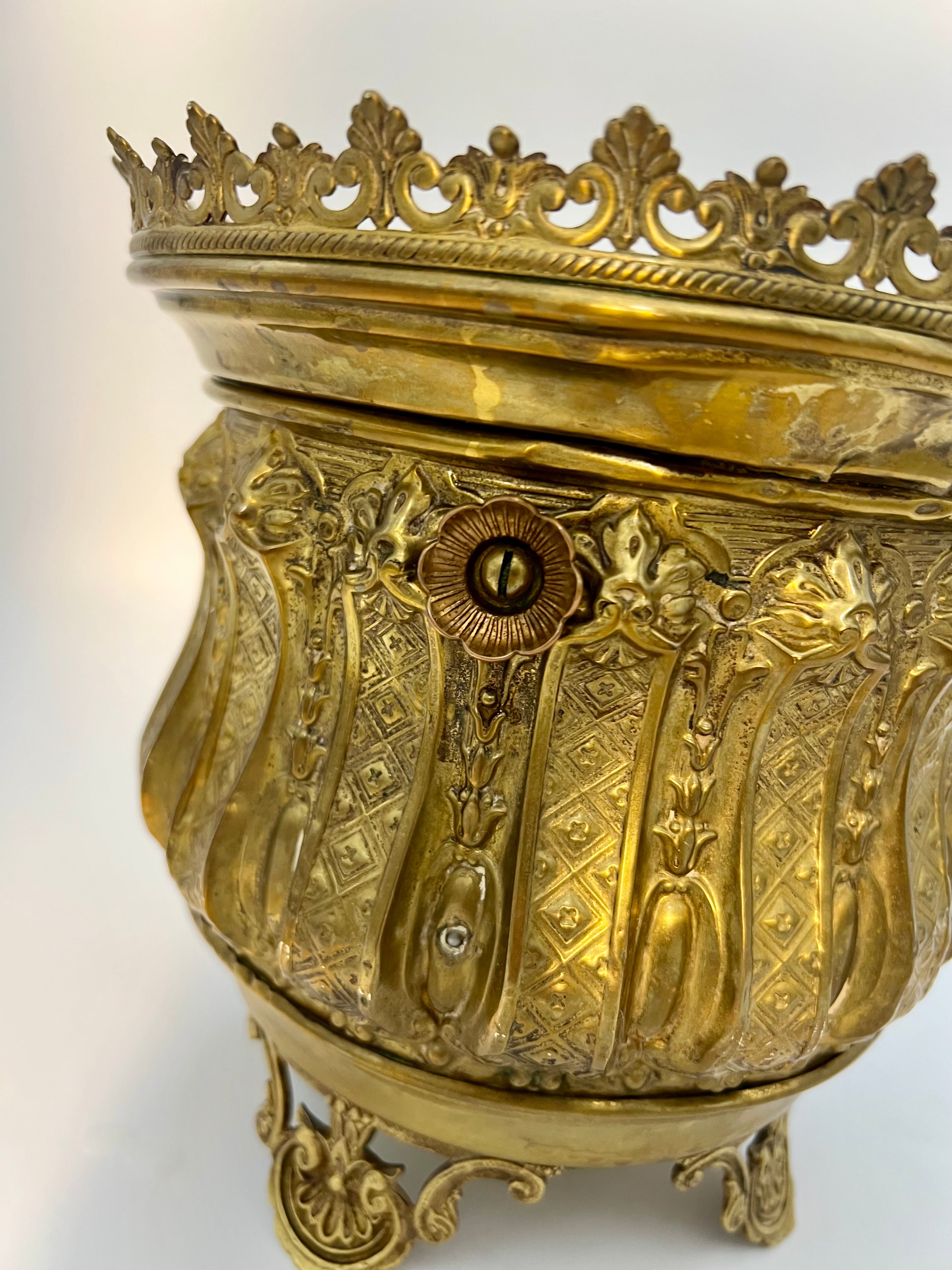 ANTIQUE FRENCH ROCOCO REVIVAL BRASS JARDINIÈRE – ORNATE EMBOSSED CACHEPOT WITH OPENWORK RIM & FEET – CIRCA 1880-1910