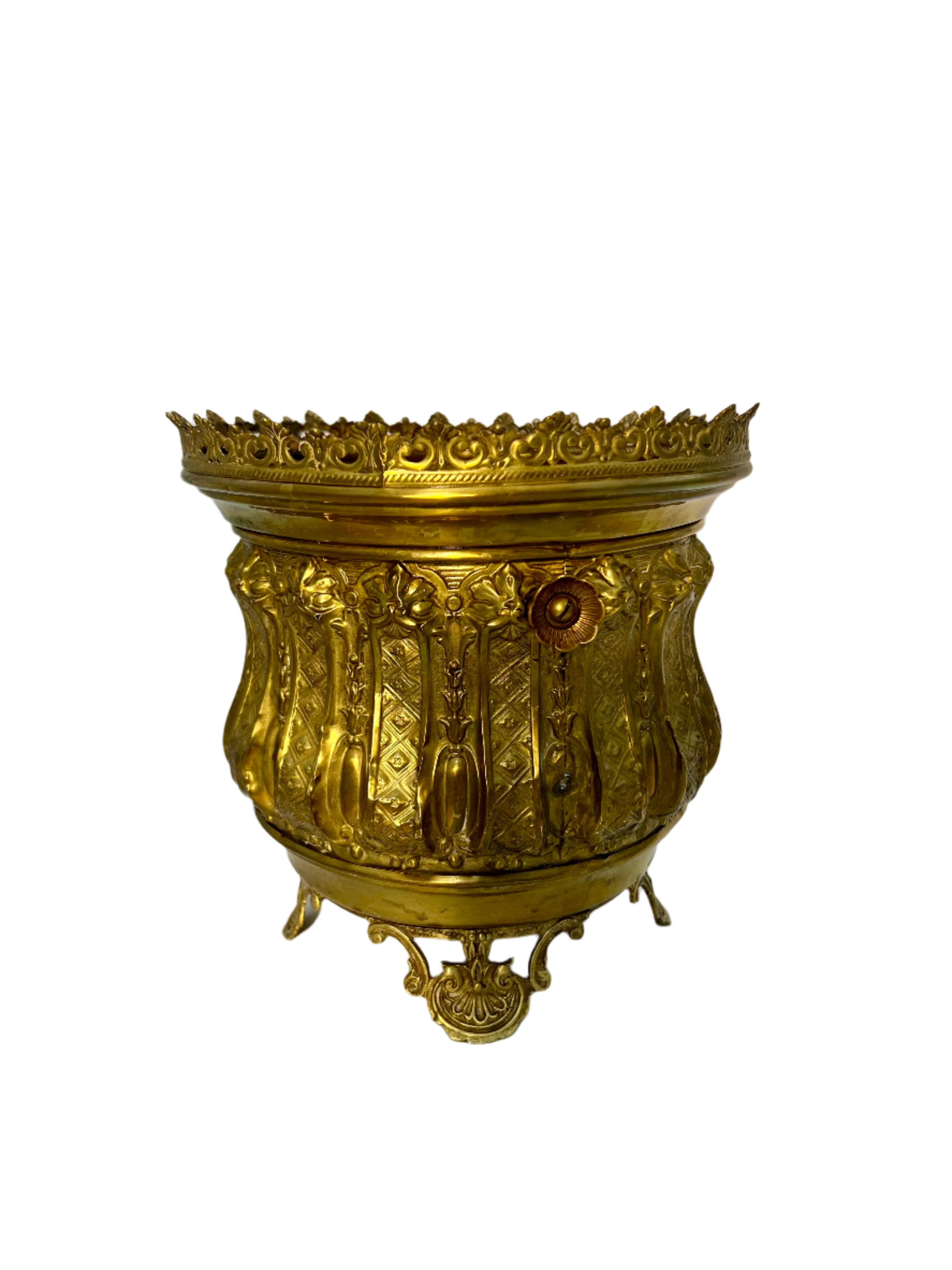 ANTIQUE FRENCH ROCOCO REVIVAL BRASS JARDINIÈRE – ORNATE EMBOSSED CACHEPOT WITH OPENWORK RIM & FEET – CIRCA 1880-1910