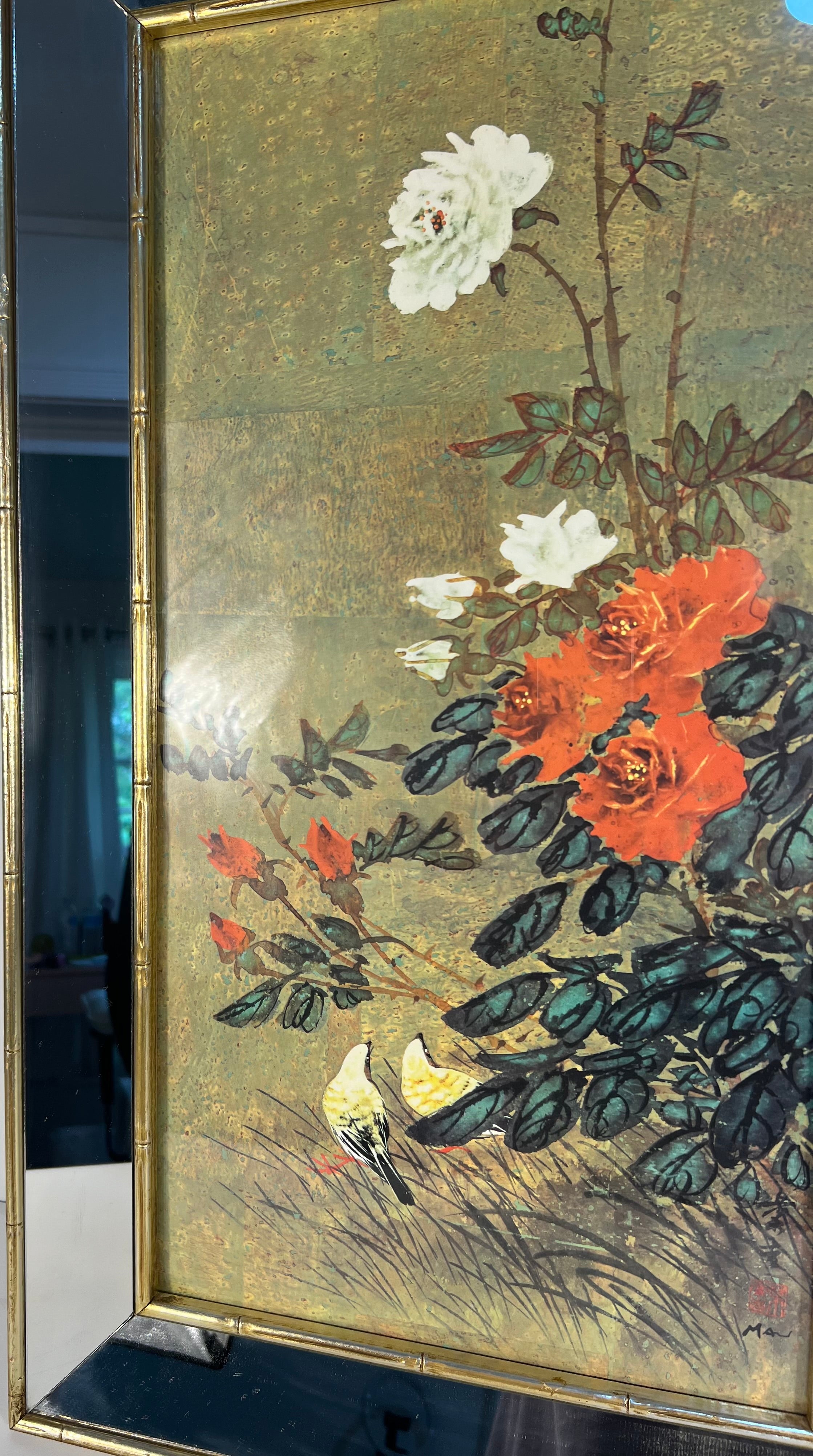 VINTAGE HUI CHI MAU “FINCHES AND ROSES” CHINOISERIE ART PRINT IN MIRRORED BAMBOO FRAME | HOLLYWOOD REGENCY