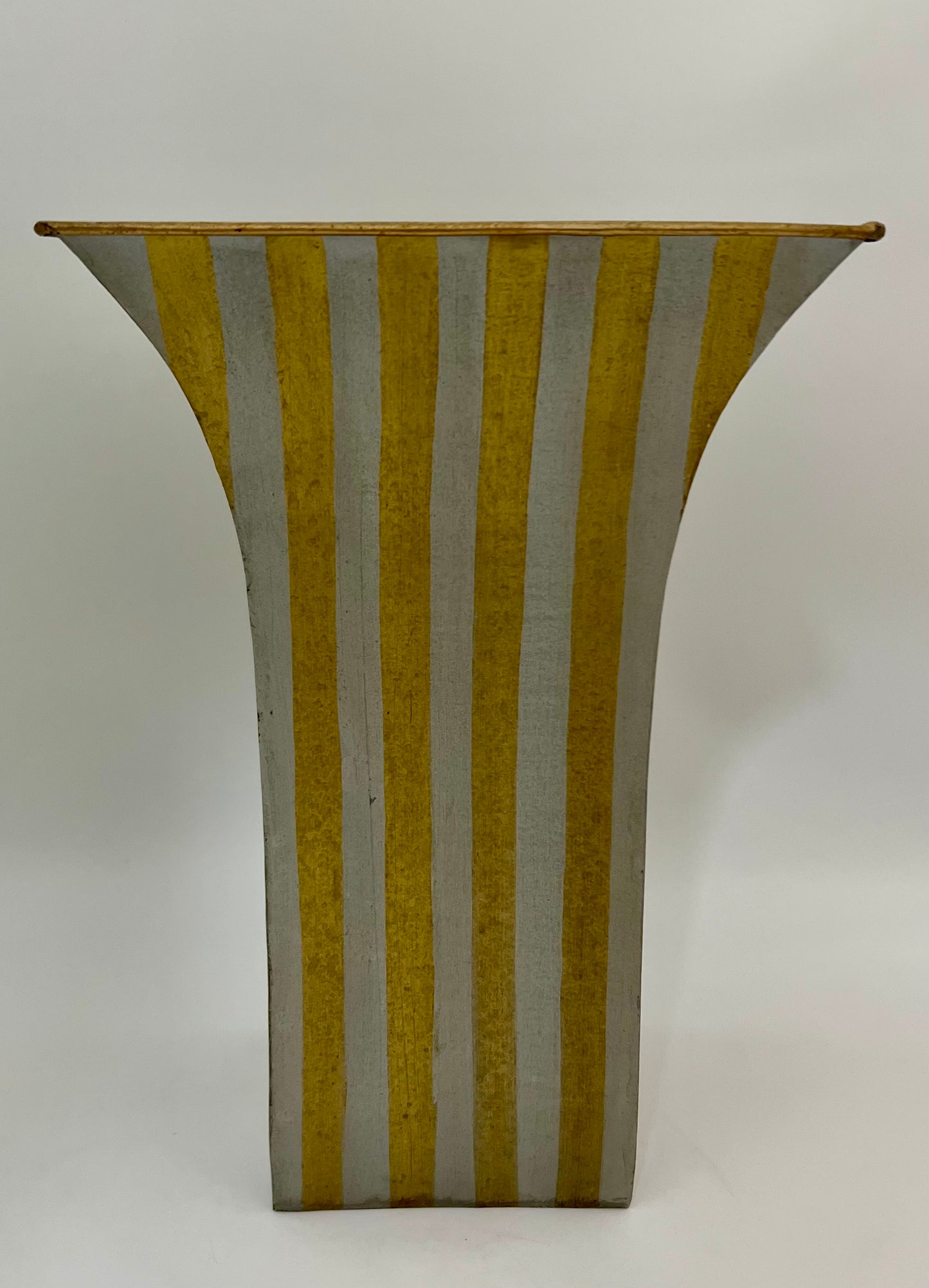 GOLD AND SILVER STRIPED TIN WASTEBASKET/PLANTER VASE, CIRCA 1963